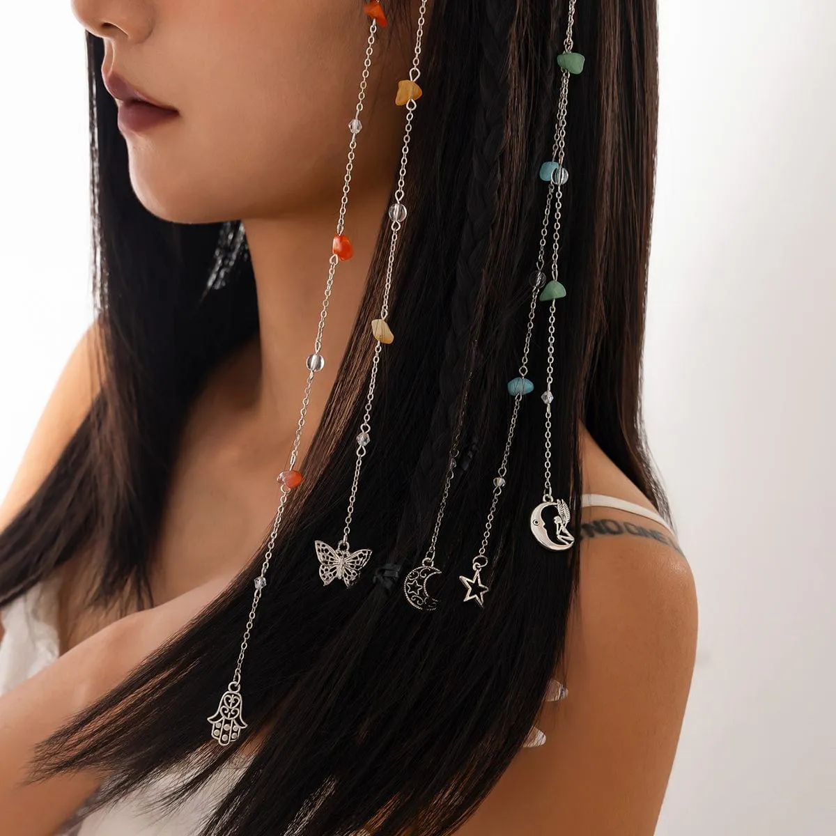 Bohemia 5pcs Moon Star Butterfly Charm Long Crystal Stone Chain Hair Braids Ring Set