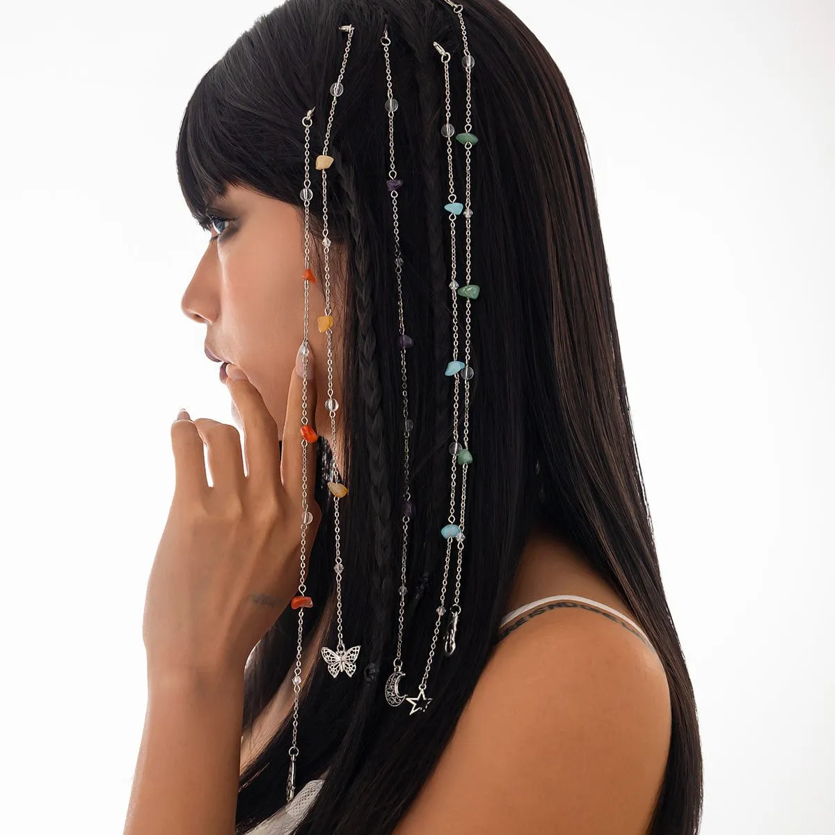 Bohemia 5pcs Moon Star Butterfly Charm Long Crystal Stone Chain Hair Braids Ring Set