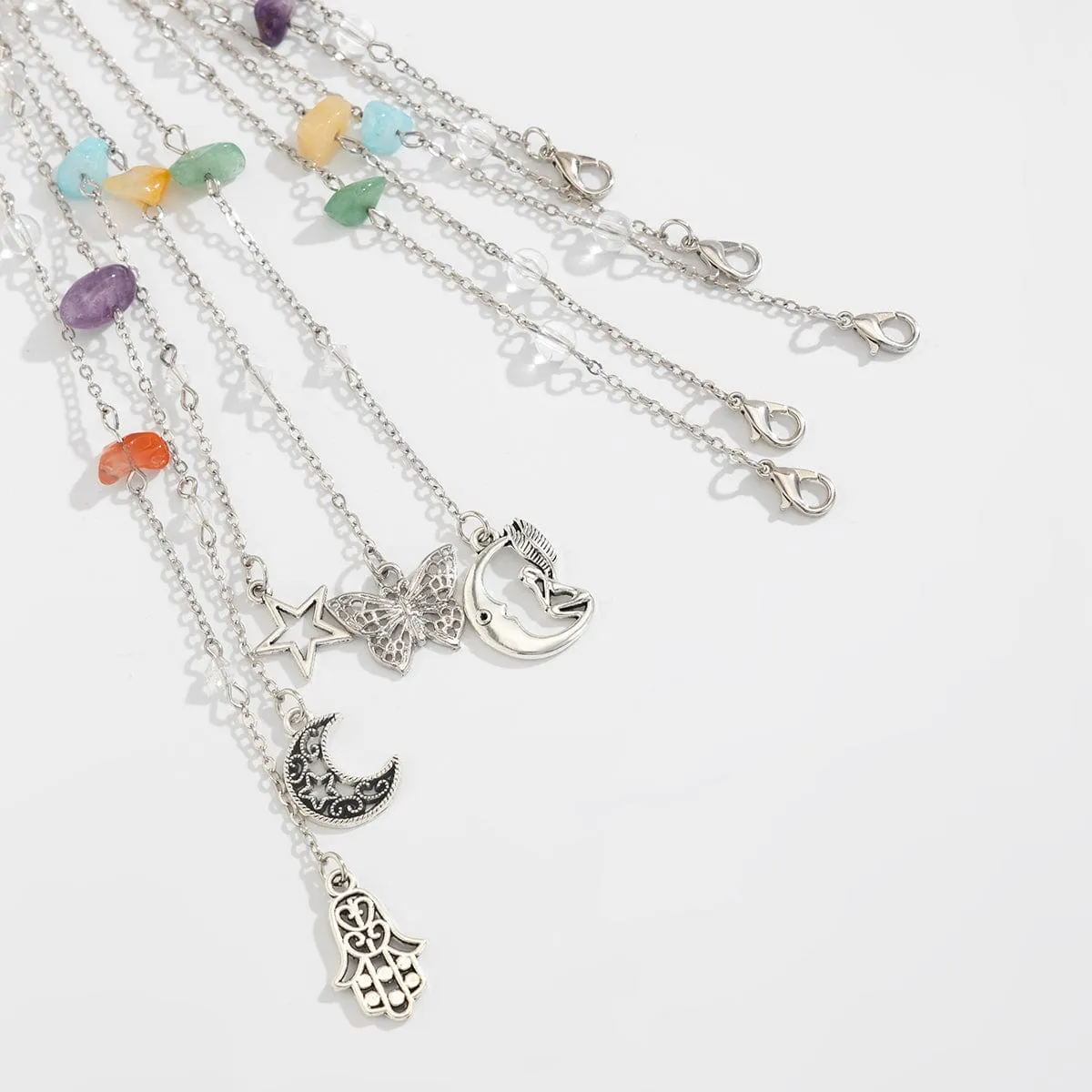 Bohemia 5pcs Moon Star Butterfly Charm Long Crystal Stone Chain Hair Braids Ring Set