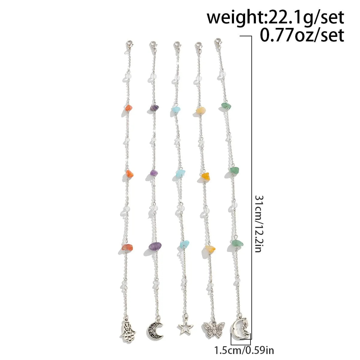 Bohemia 5pcs Moon Star Butterfly Charm Long Crystal Stone Chain Hair Braids Ring Set