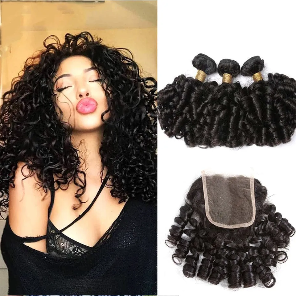 Bouncy Curly 3 Bundles with 4x4 Lace Closure Real Human Hair Weaves