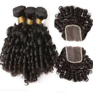 Bouncy Curly 3 Bundles with 4x4 Lace Closure Real Human Hair Weaves