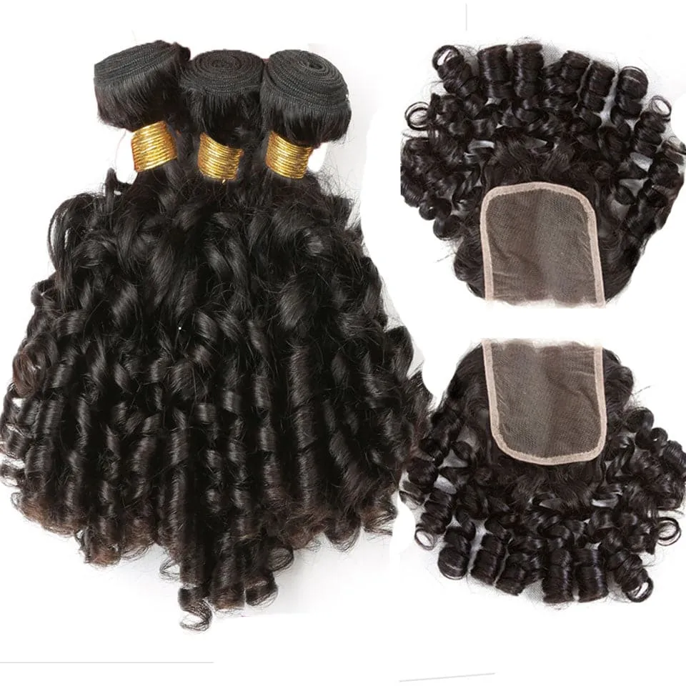 Bouncy Curly 3 Bundles with 4x4 Lace Closure Real Human Hair Weaves
