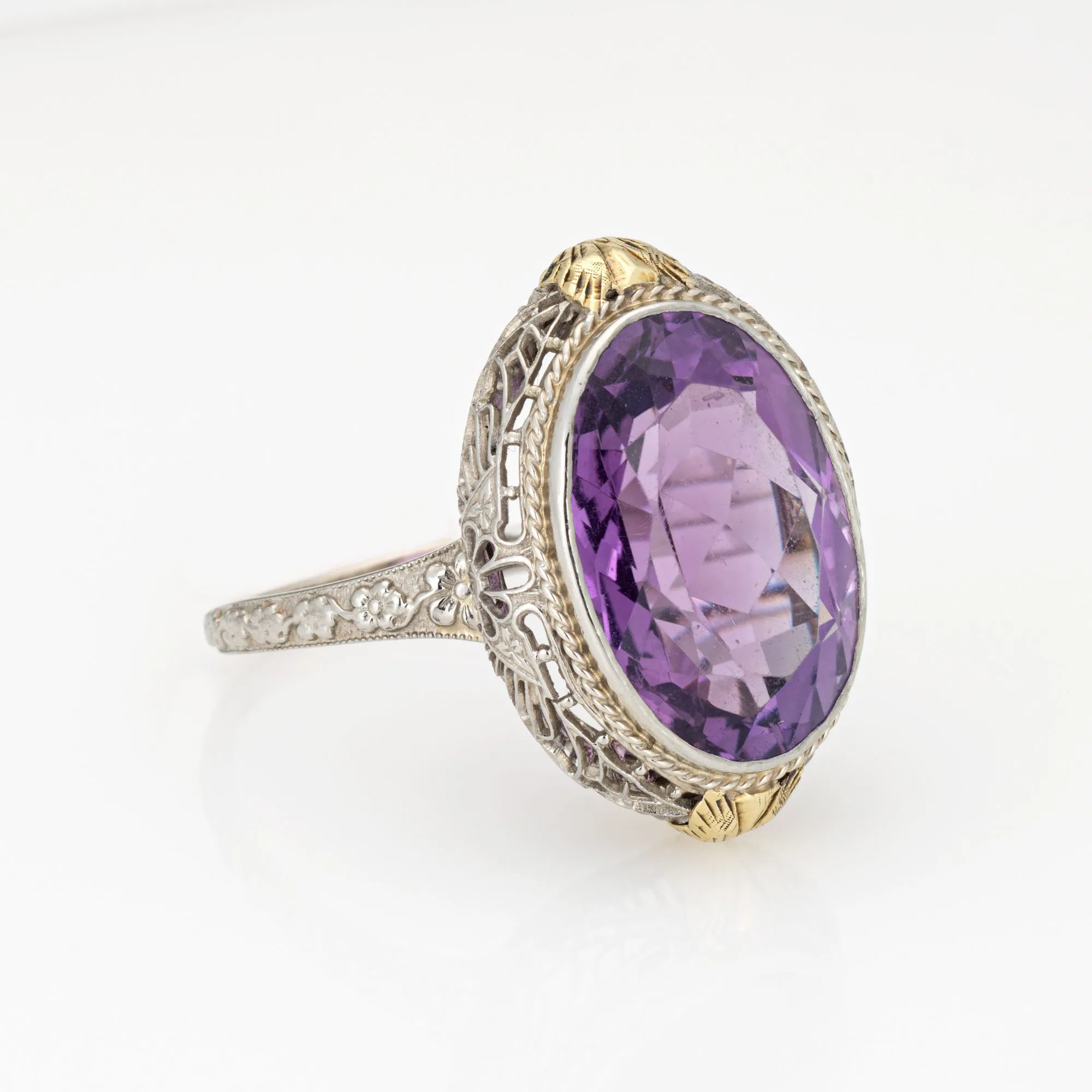 c1920s Vintage Art Deco Amethyst Ring Filigree 18k White Gold Oval Sz 10
