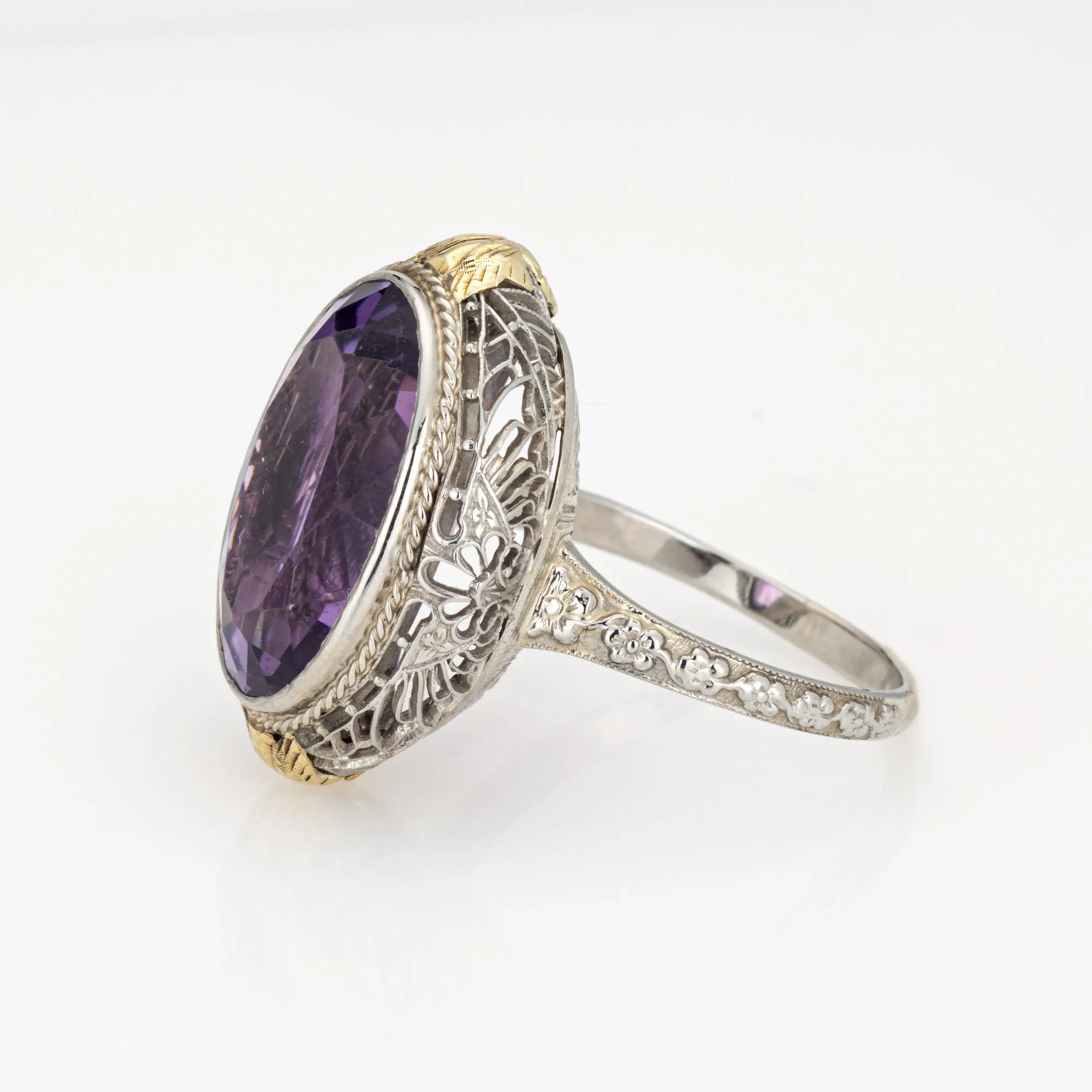 c1920s Vintage Art Deco Amethyst Ring Filigree 18k White Gold Oval Sz 10