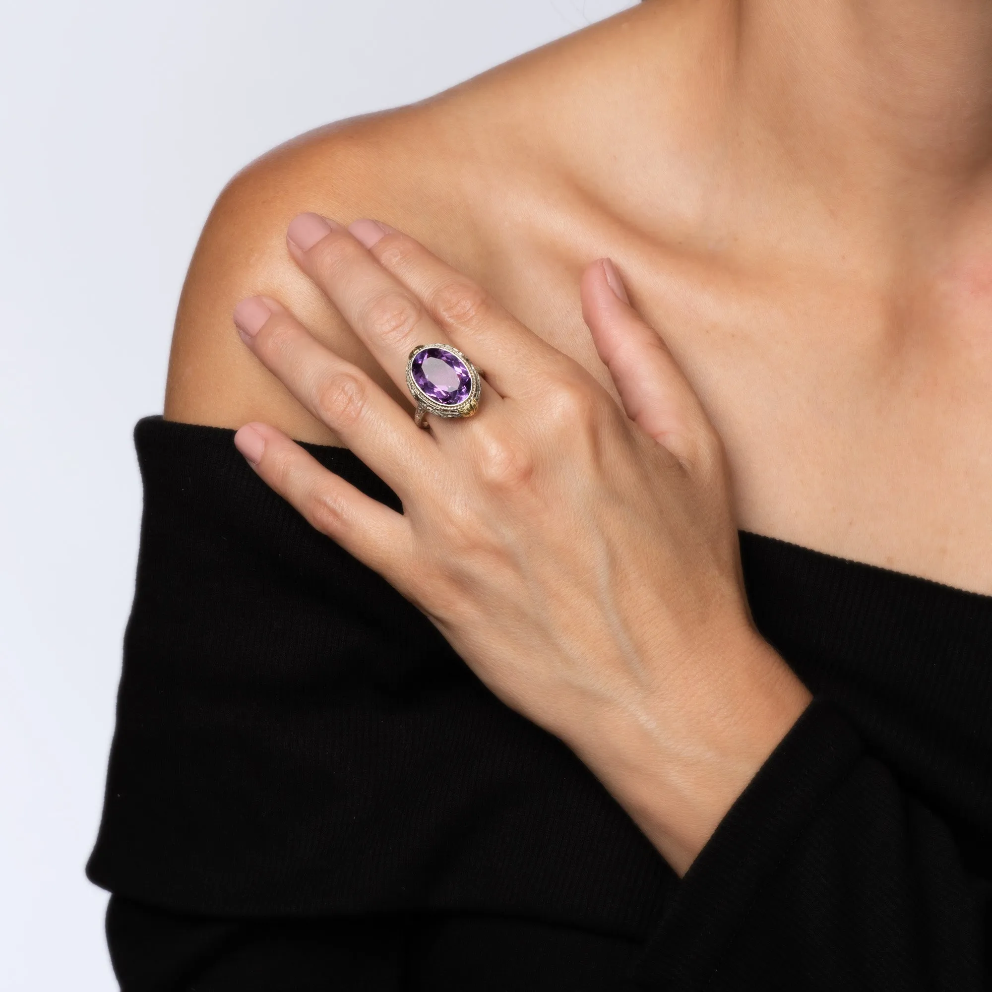 c1920s Vintage Art Deco Amethyst Ring Filigree 18k White Gold Oval Sz 10