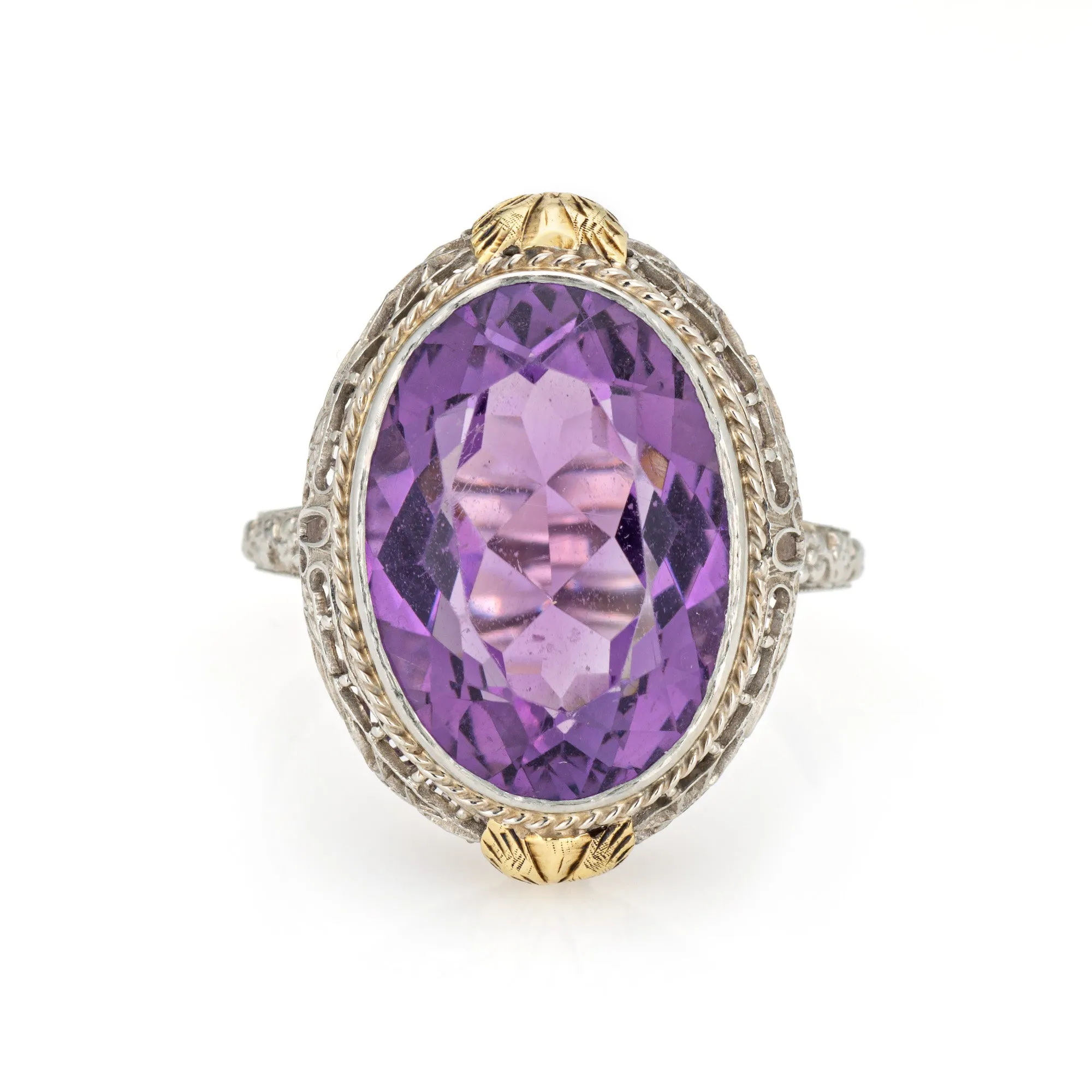 c1920s Vintage Art Deco Amethyst Ring Filigree 18k White Gold Oval Sz 10