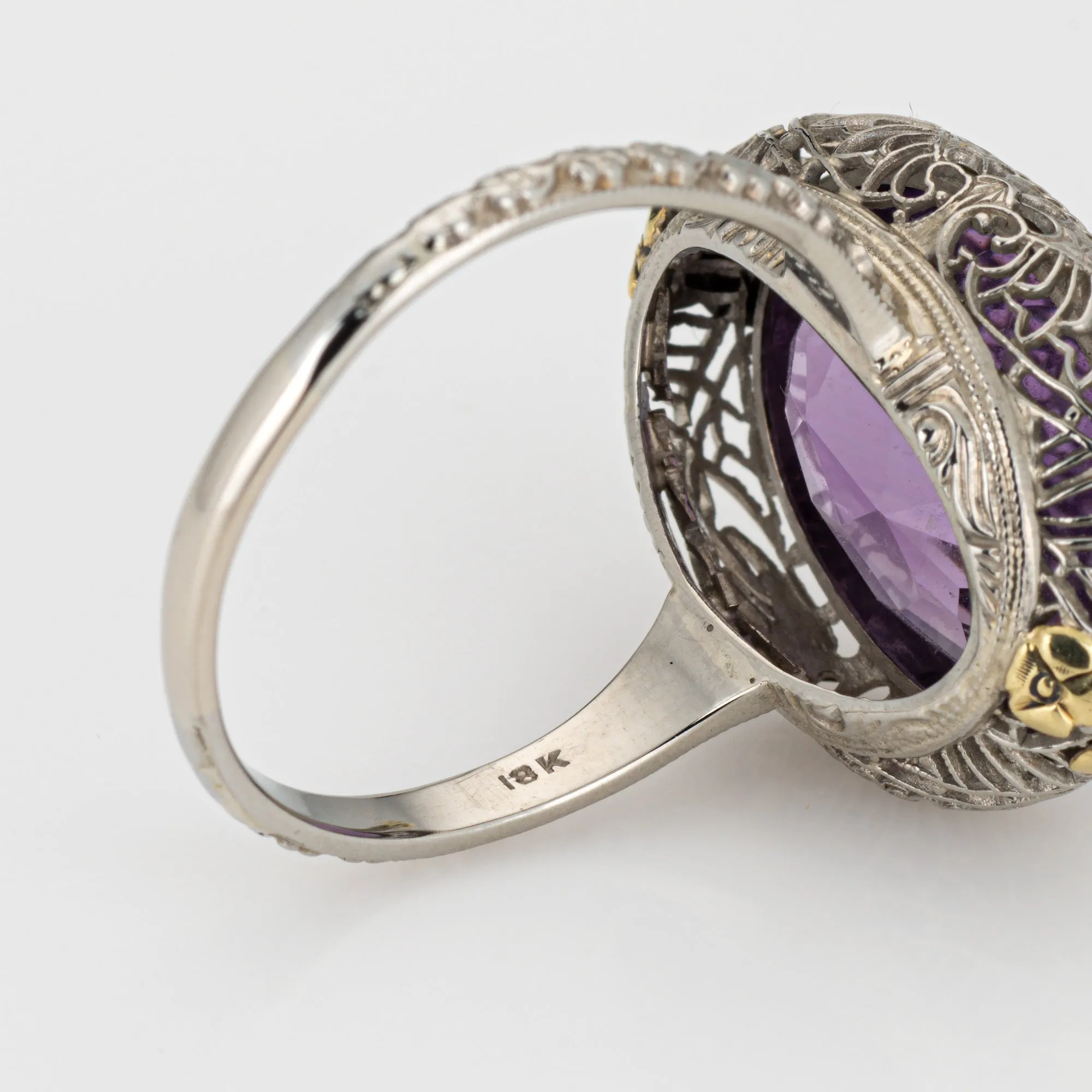 c1920s Vintage Art Deco Amethyst Ring Filigree 18k White Gold Oval Sz 10