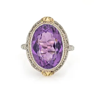 c1920s Vintage Art Deco Amethyst Ring Filigree 18k White Gold Oval Sz 10