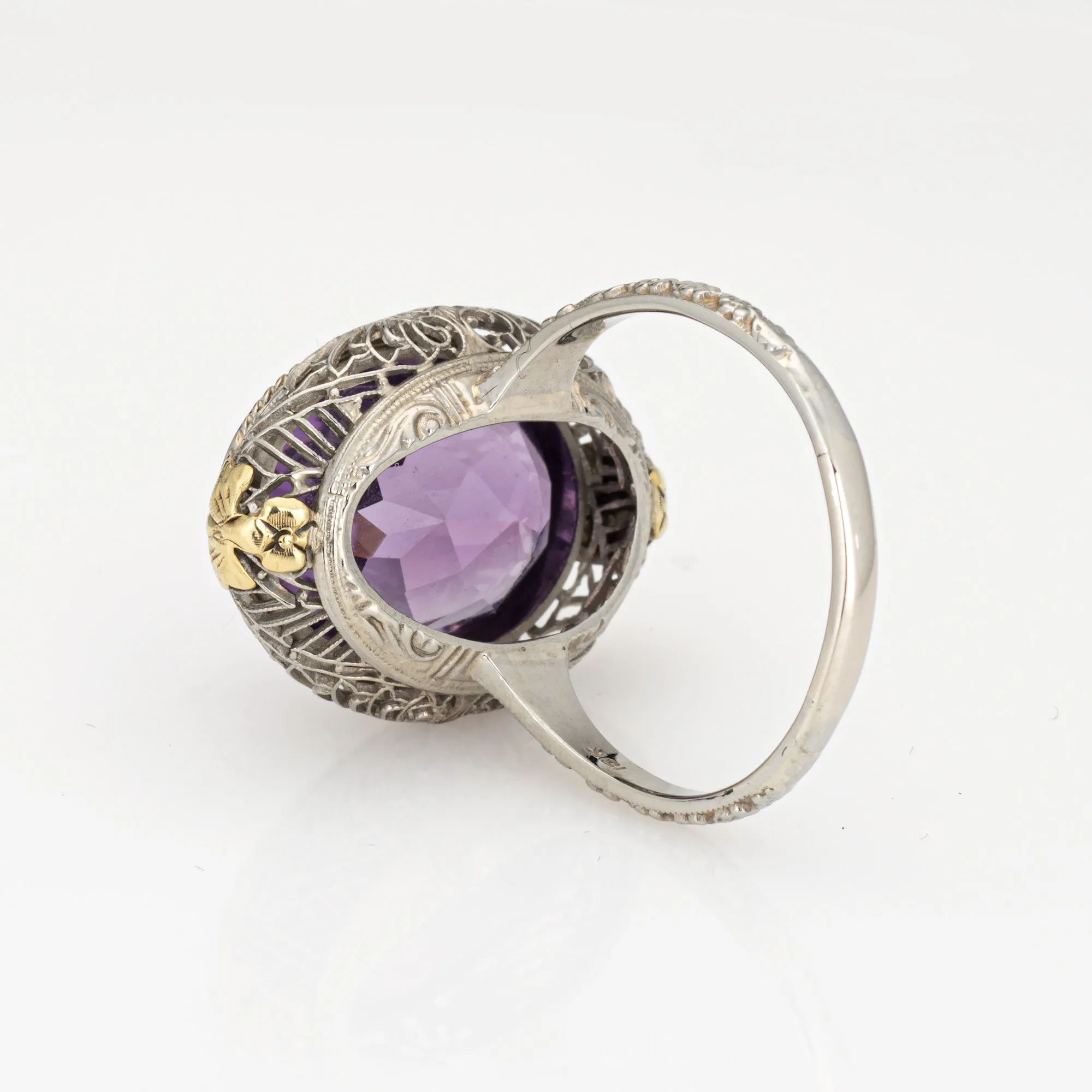 c1920s Vintage Art Deco Amethyst Ring Filigree 18k White Gold Oval Sz 10