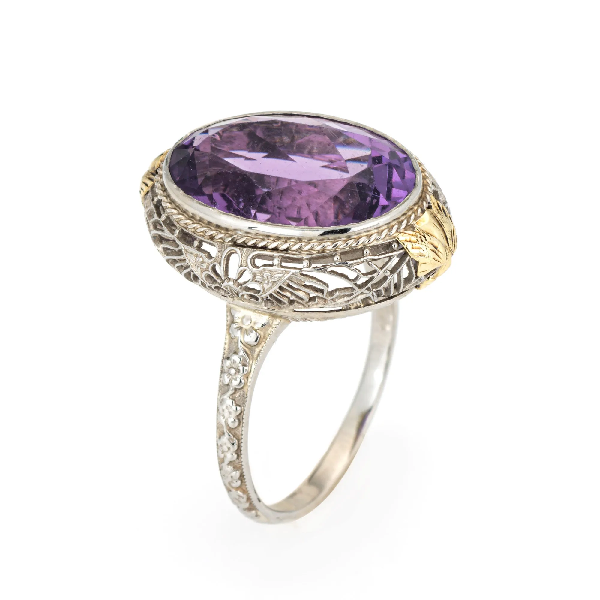 c1920s Vintage Art Deco Amethyst Ring Filigree 18k White Gold Oval Sz 10