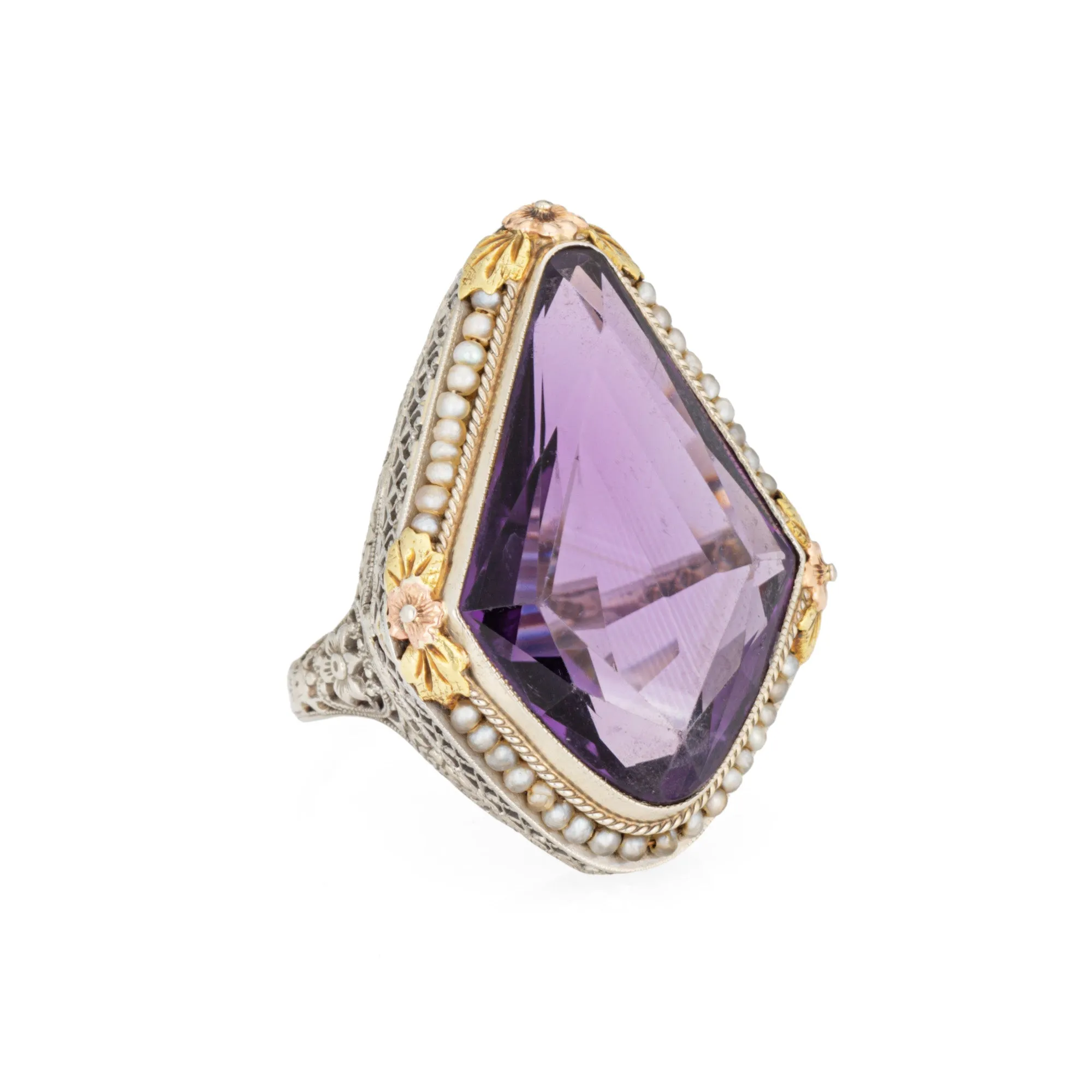 c1920s Vintage Art Deco Amethyst Ring Pearl Filigree 18k White Gold Oval Sz 8
