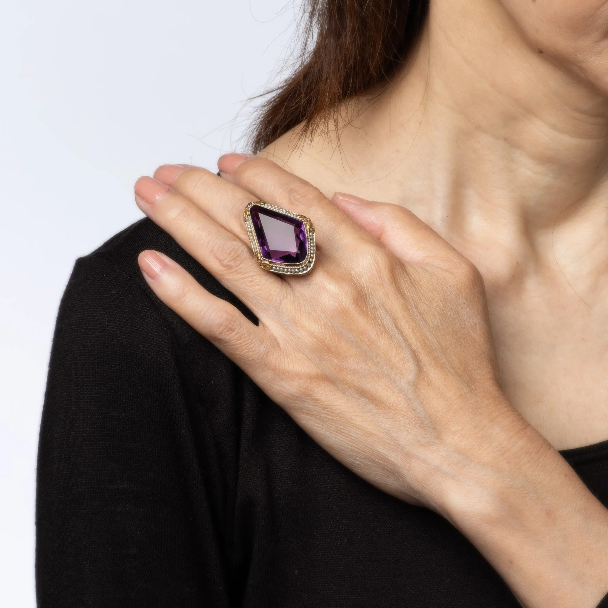 c1920s Vintage Art Deco Amethyst Ring Pearl Filigree 18k White Gold Oval Sz 8