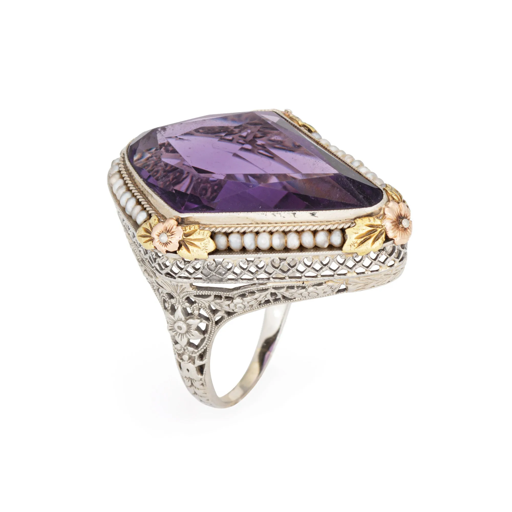 c1920s Vintage Art Deco Amethyst Ring Pearl Filigree 18k White Gold Oval Sz 8
