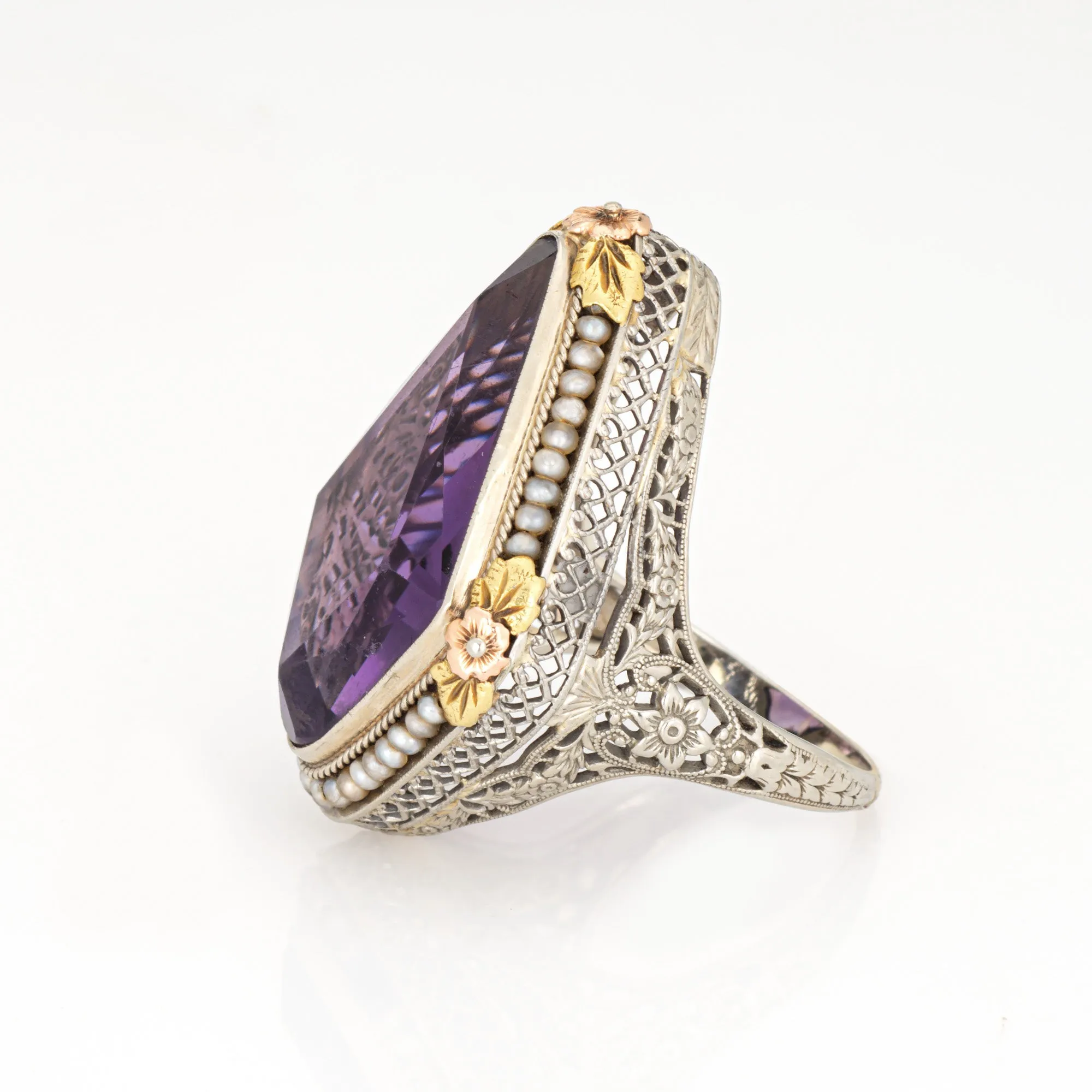 c1920s Vintage Art Deco Amethyst Ring Pearl Filigree 18k White Gold Oval Sz 8