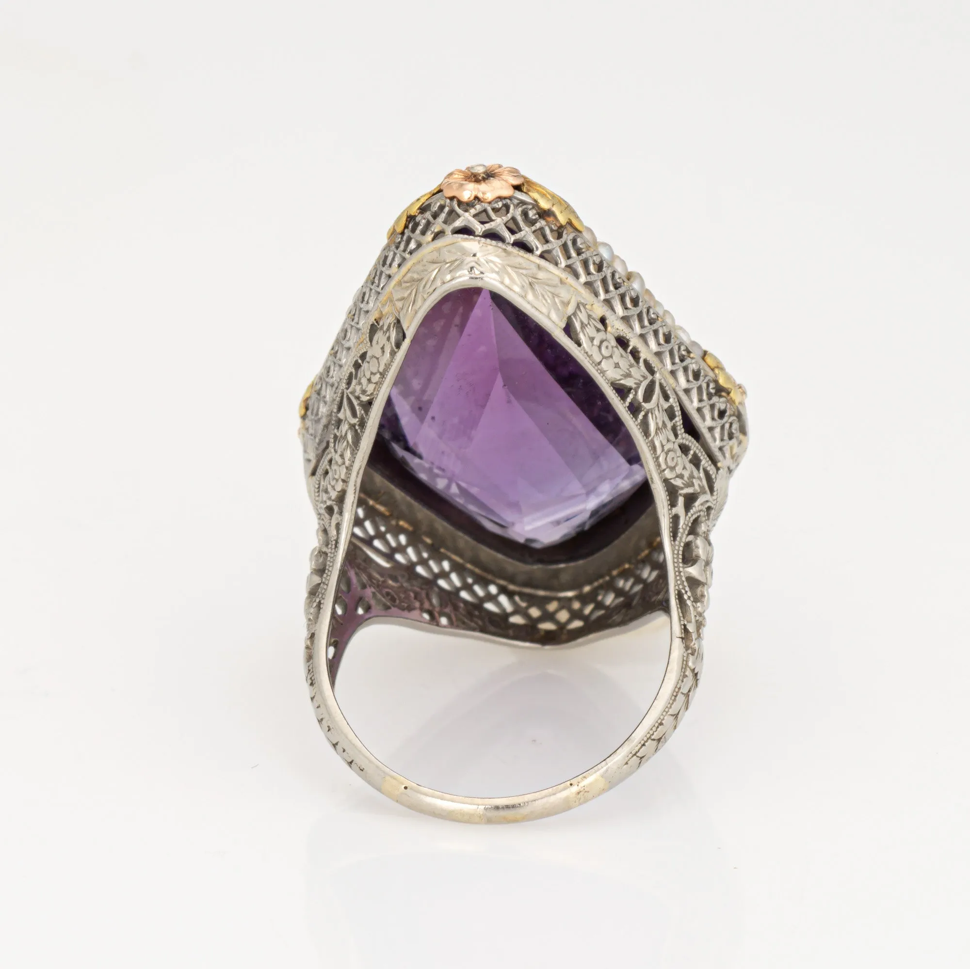c1920s Vintage Art Deco Amethyst Ring Pearl Filigree 18k White Gold Oval Sz 8