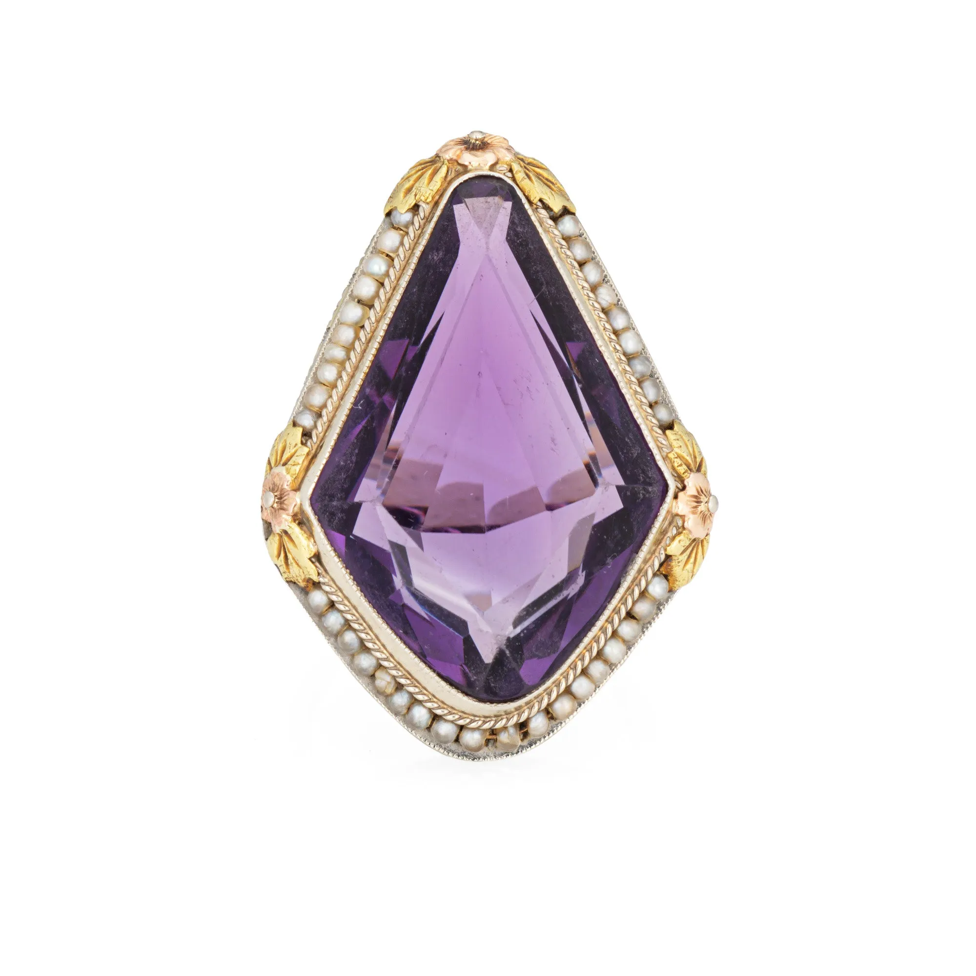 c1920s Vintage Art Deco Amethyst Ring Pearl Filigree 18k White Gold Oval Sz 8