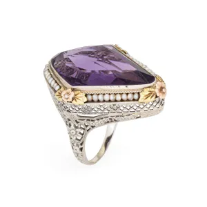 c1920s Vintage Art Deco Amethyst Ring Pearl Filigree 18k White Gold Oval Sz 8