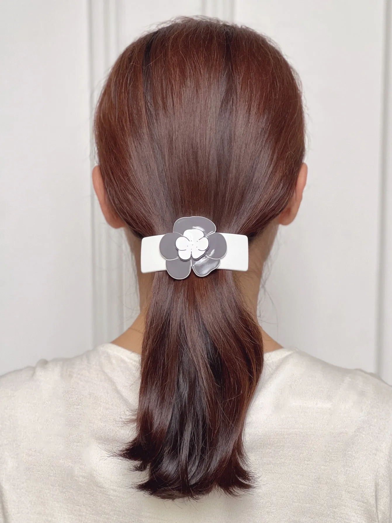 Camellia Pearl Medium Grey White Hair Clip