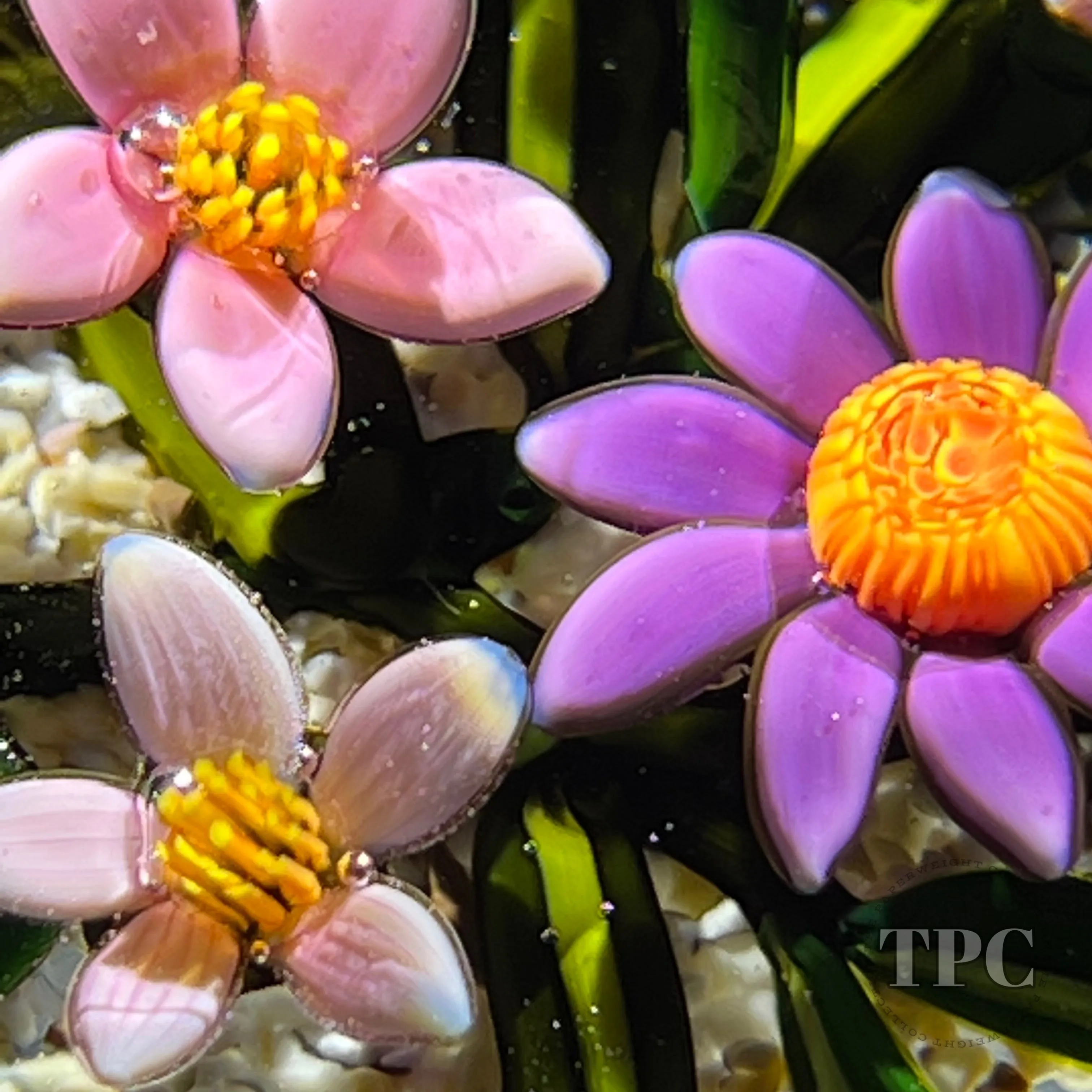 Cathy Richardson 2022 Glass Art Paperweight Flamework Pink & Purple Wildflowers on Sand Ground
