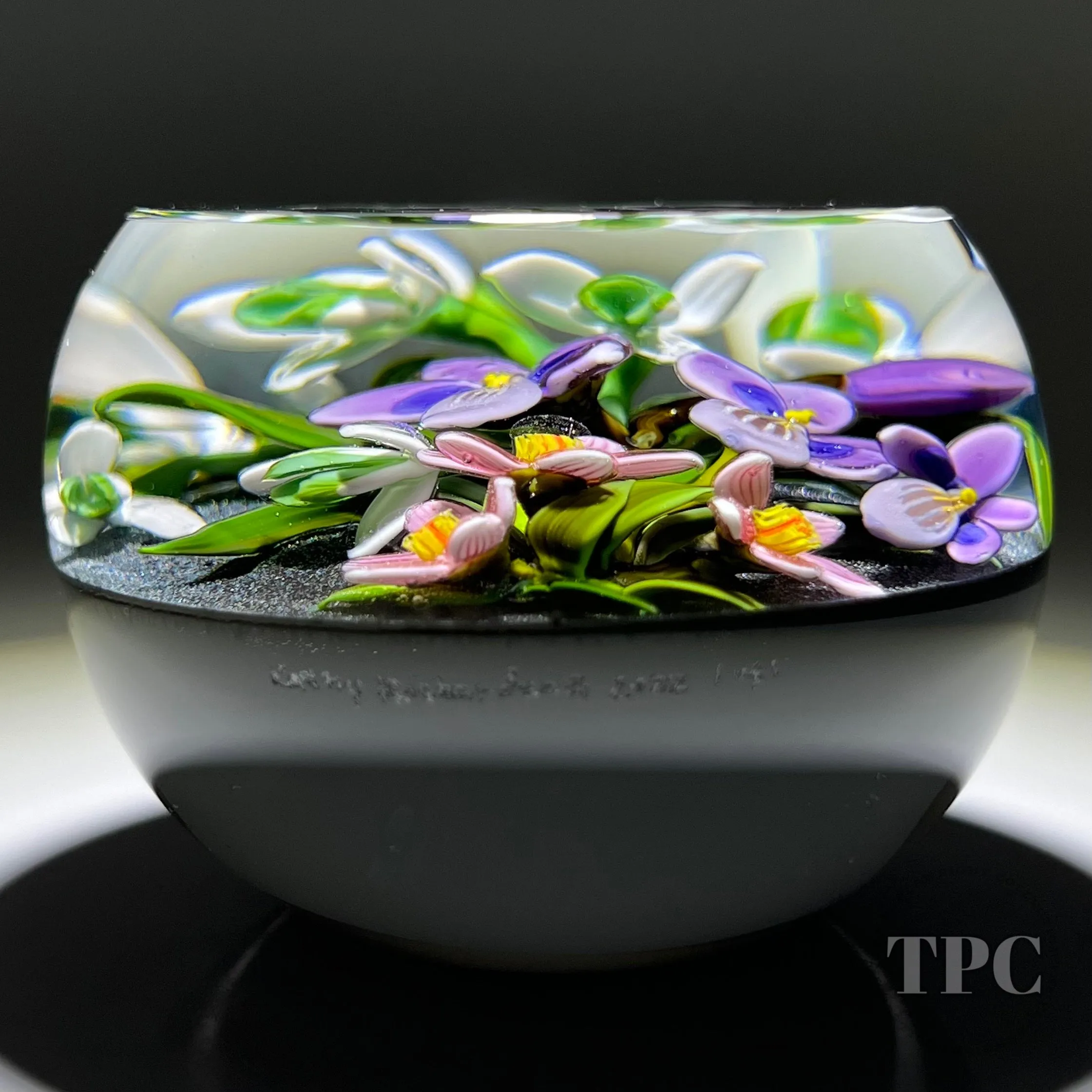 Cathy Richardson 2022 Glass Art Paperweight Flamework Violet & Snowdrop Flowers on Midnight Blue Ground 1 of 1