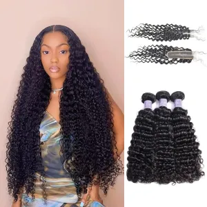 Deep Curly 3 Bundles and 2x6 Closure 100% Unprocessed Virgin Human Hair