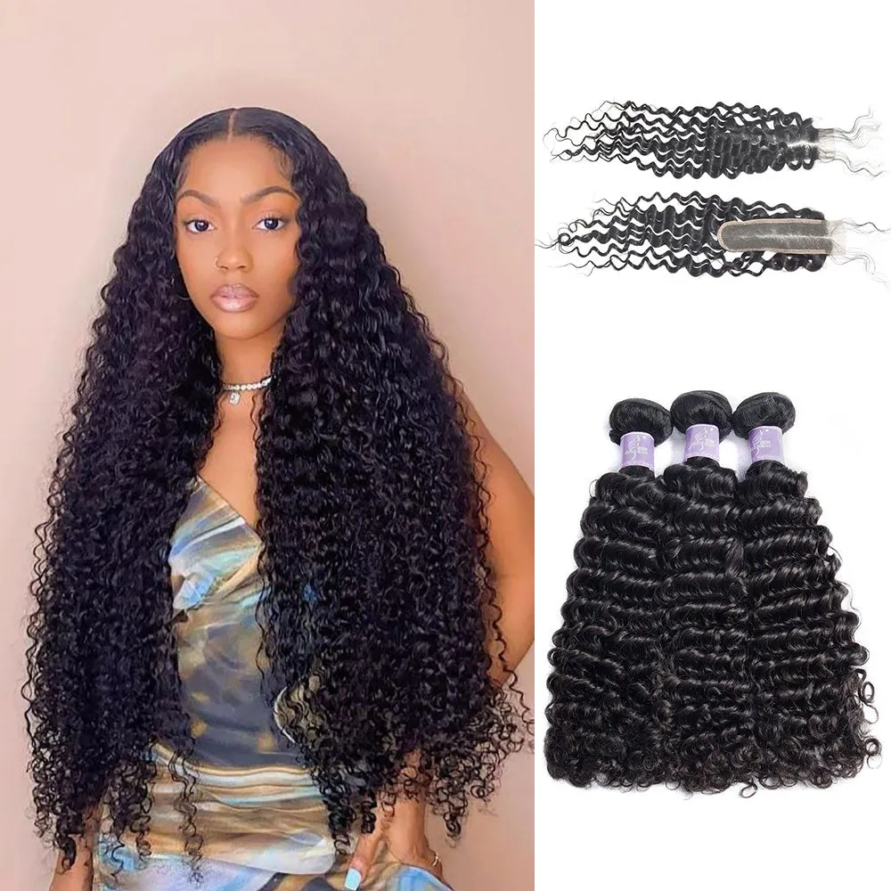 Deep Curly 3 Bundles and 2x6 Closure 100% Unprocessed Virgin Human Hair