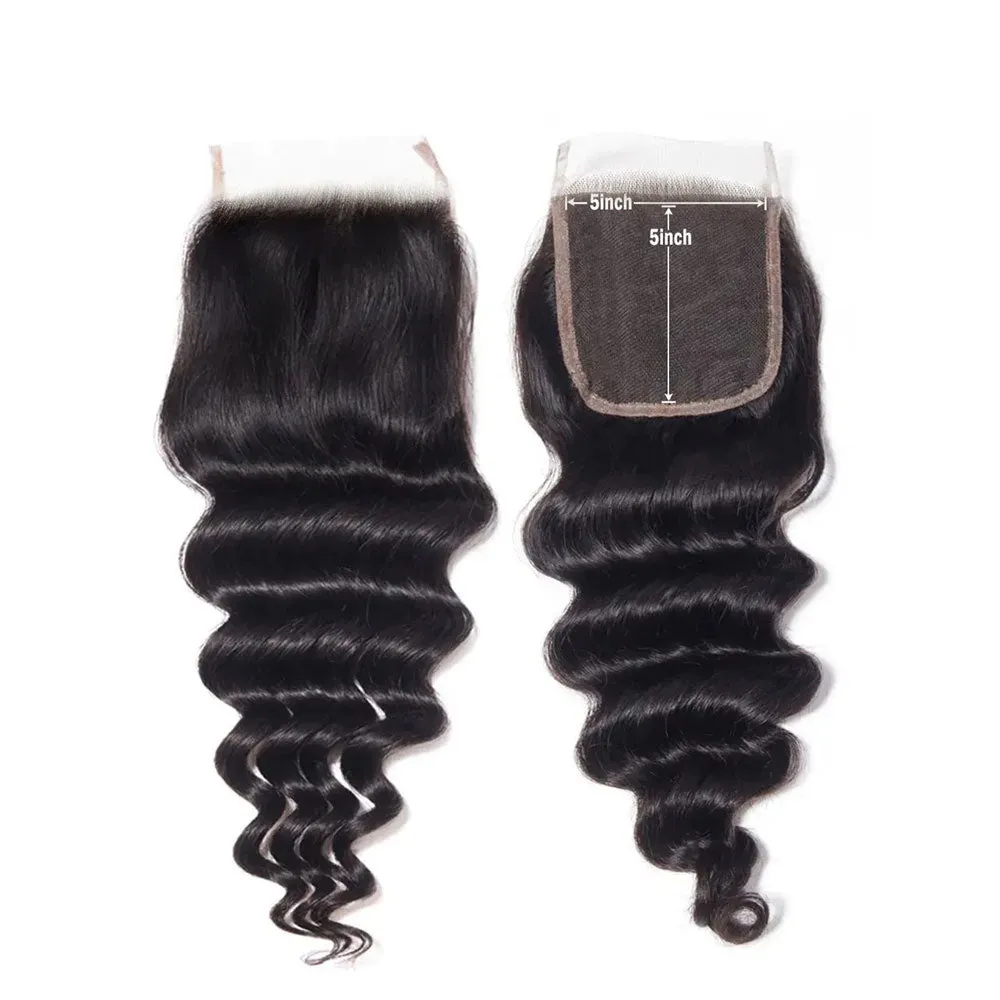 Deep Curly 4 Bundles With 5x5 Lace Closure 100% Unprocessed Virgin Human Hair