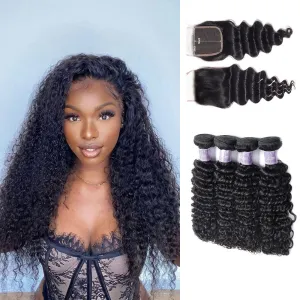 Deep Curly 4 Bundles With 5x5 Lace Closure 100% Unprocessed Virgin Human Hair