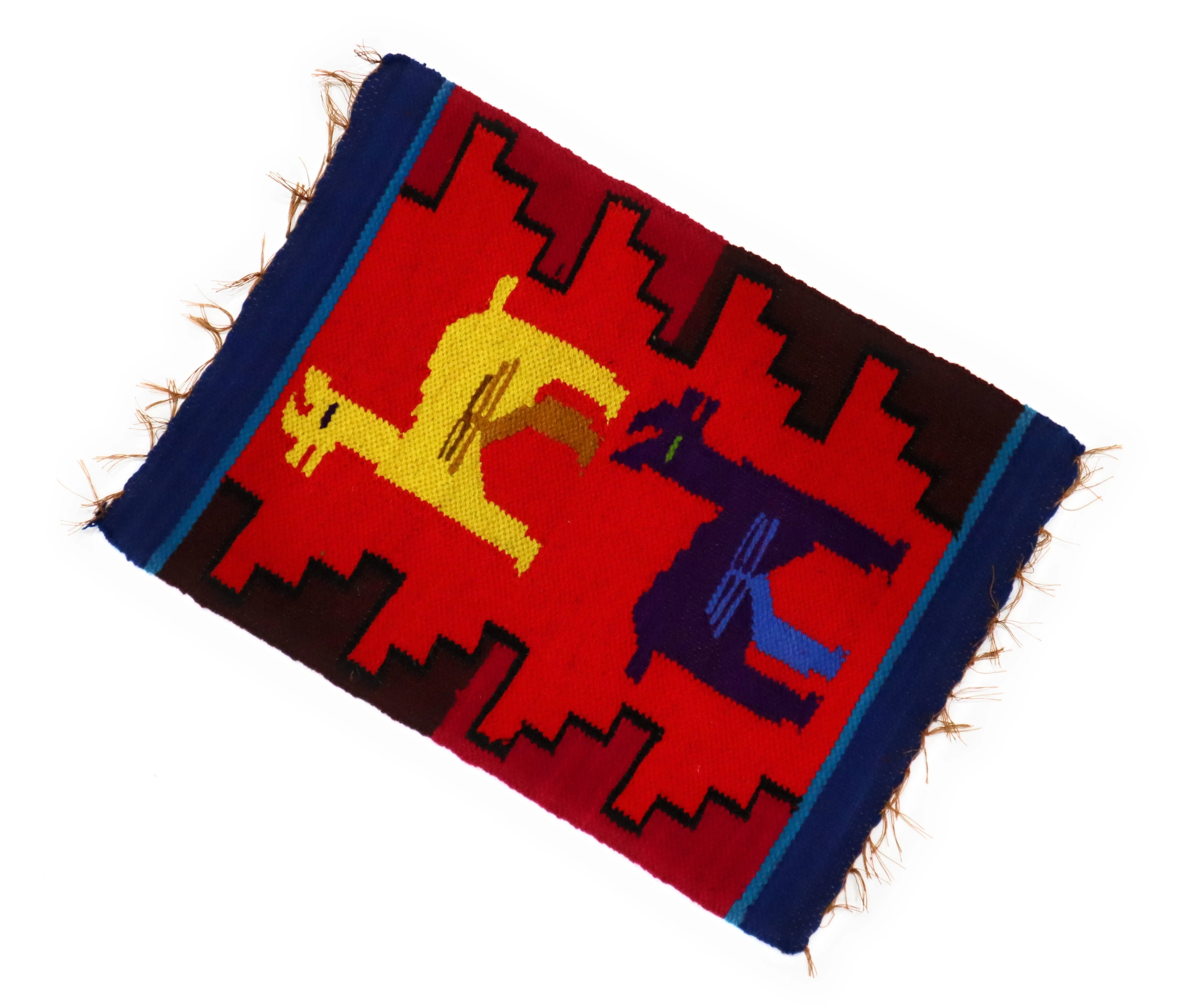 Dining Decor Placemat Peruvian Textile, Tapestry Multicolor, Inca Design with Llamas 15.75" L x 11" W Red, Blue, Yellow