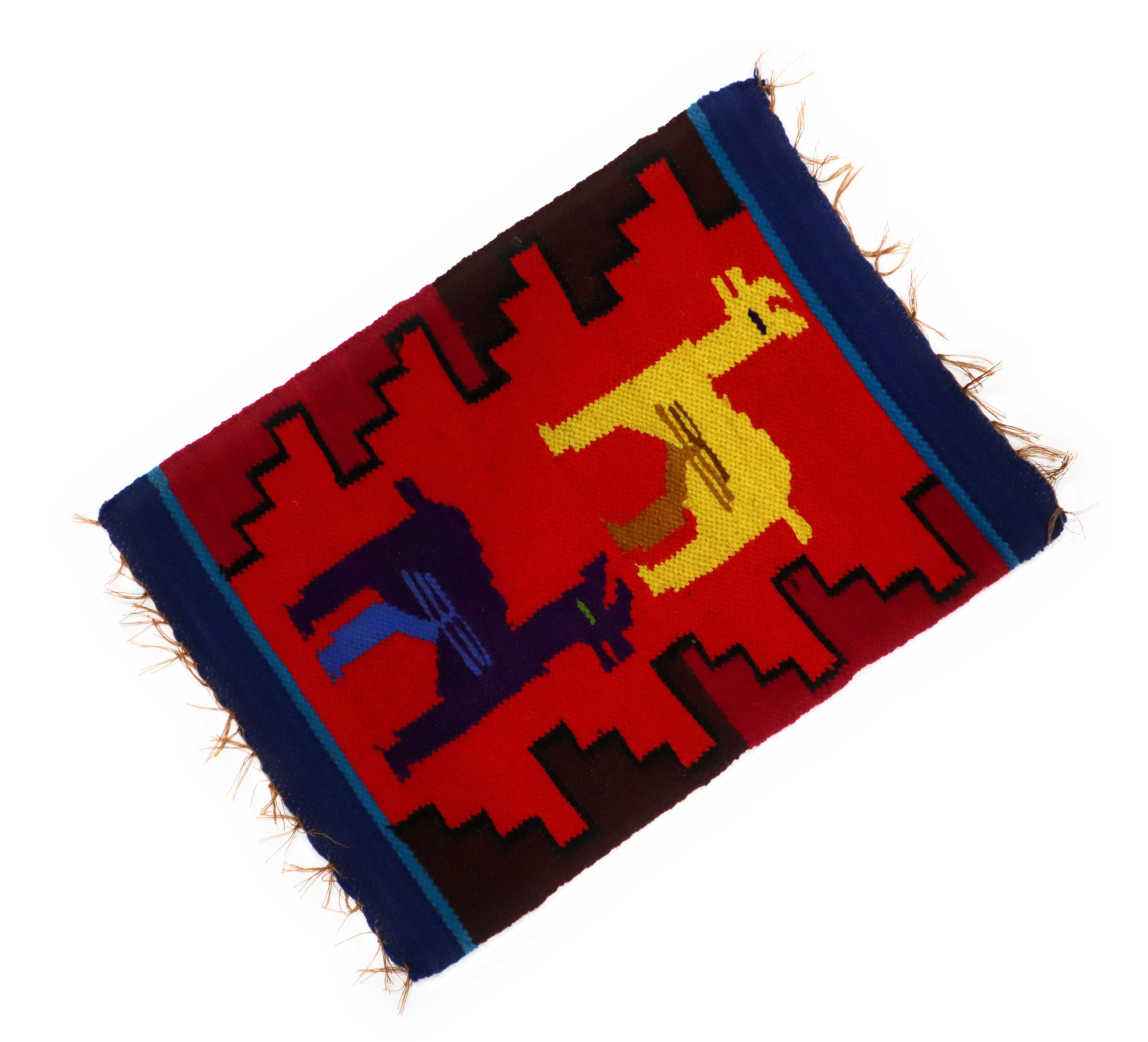 Dining Decor Placemat Peruvian Textile, Tapestry Multicolor, Inca Design with Llamas 15.75" L x 11" W Red, Blue, Yellow