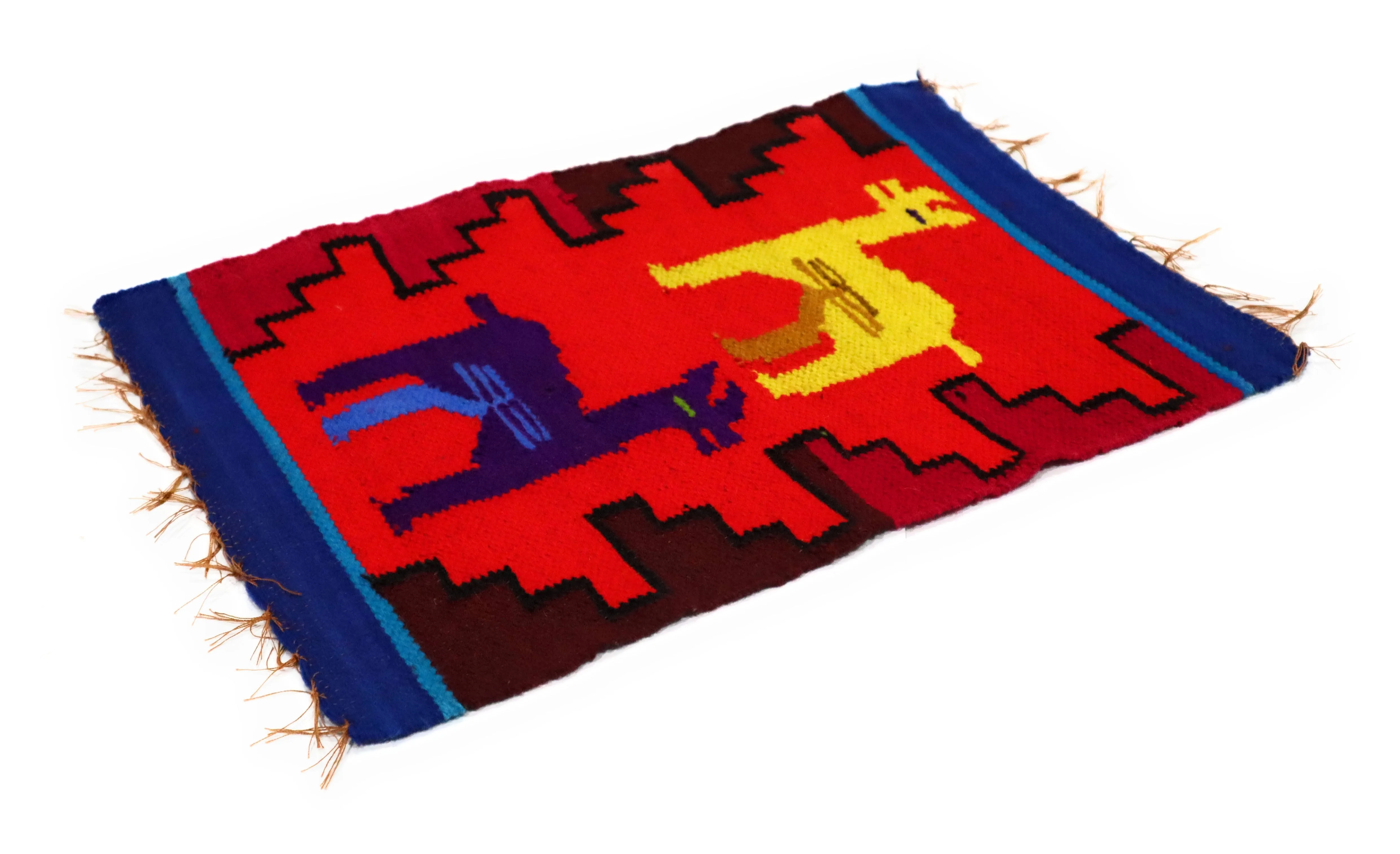 Dining Decor Placemat Peruvian Textile, Tapestry Multicolor, Inca Design with Llamas 15.75" L x 11" W Red, Blue, Yellow
