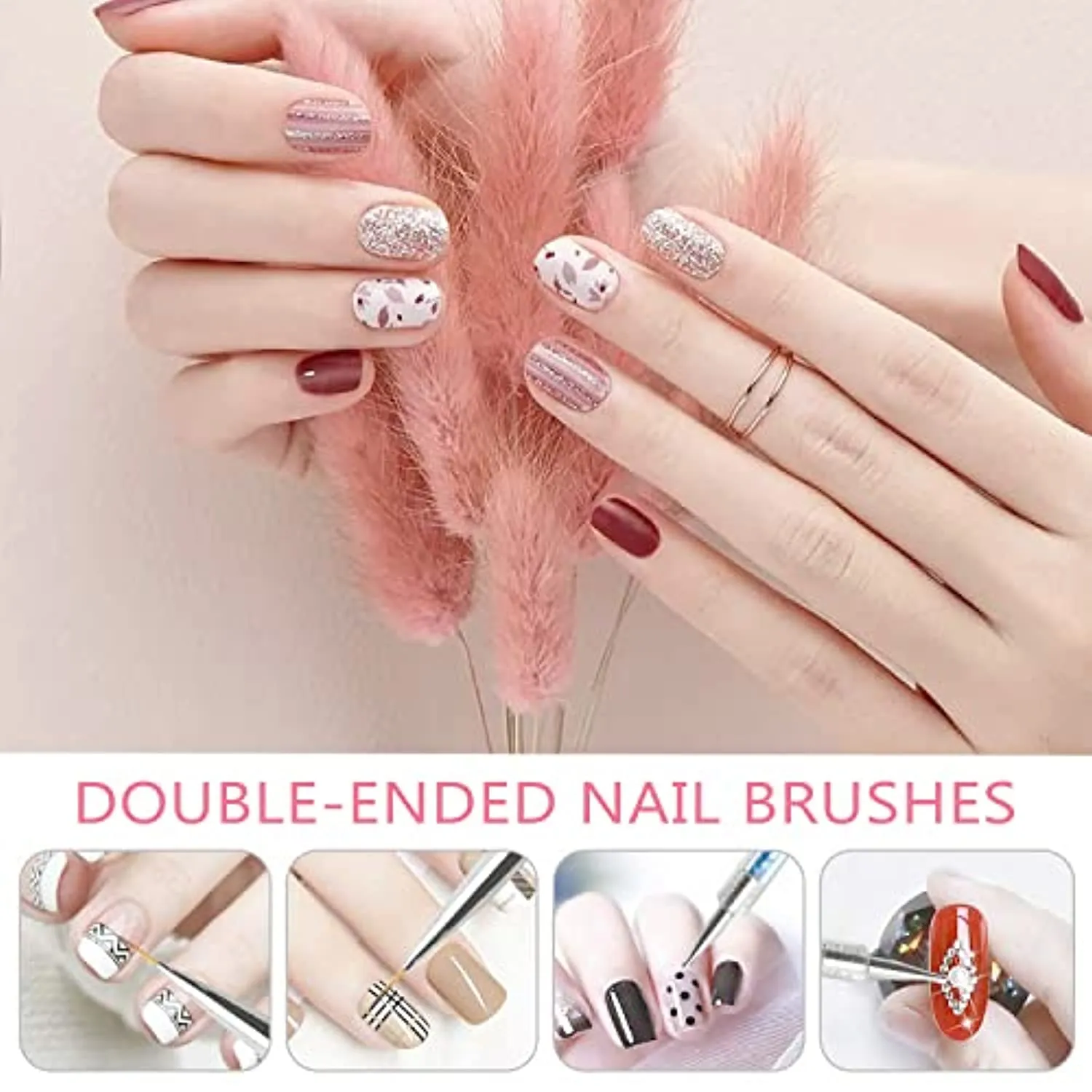 Double-Ended Nail Art Brushes, TEOYALL 5 PCS Nail Design Tools Kit Including Nail Liner Brush and Nail Dotting Pens for Acrylic Nail Home Salon