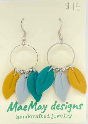 Falling For You  Teal/Gold Leaves Dangle Earrings