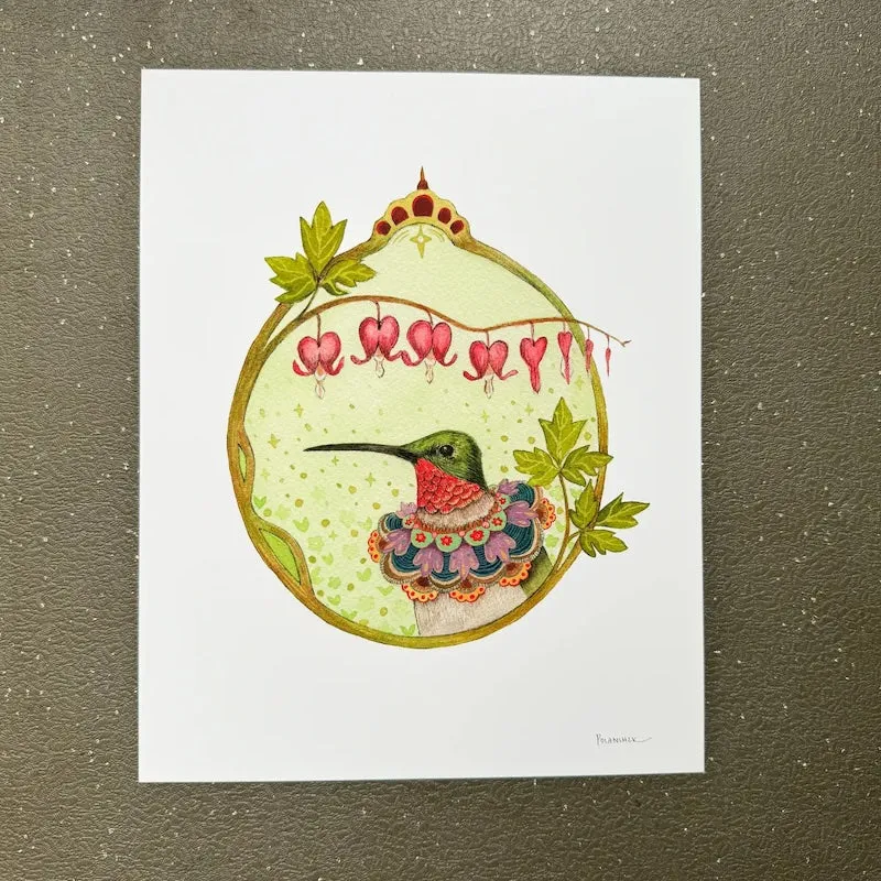 Floral Flight Crew: Hummingbird of Bleeding Hearts 8x10 Print
