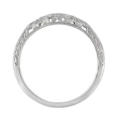 Flowers and Wheat Engraved Filigree Art Deco Wedding Band in 14K White Gold