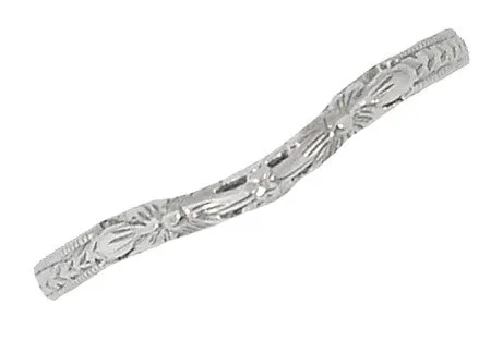 Flowers and Wheat Engraved Filigree Art Deco Wedding Band in 14K White Gold