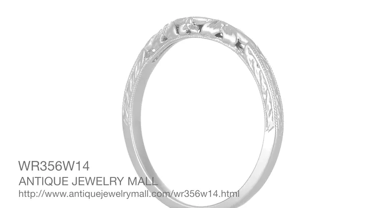 Flowers and Wheat Engraved Filigree Art Deco Wedding Band in 14K White Gold