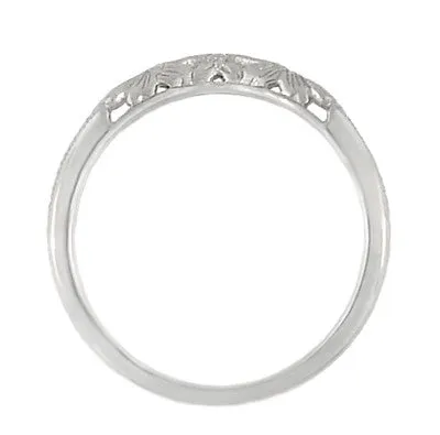 Flowers and Wheat Engraved Filigree Art Deco Wedding Band in 14K White Gold