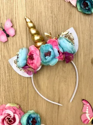 Girls Floral Gold Unicorn Headband