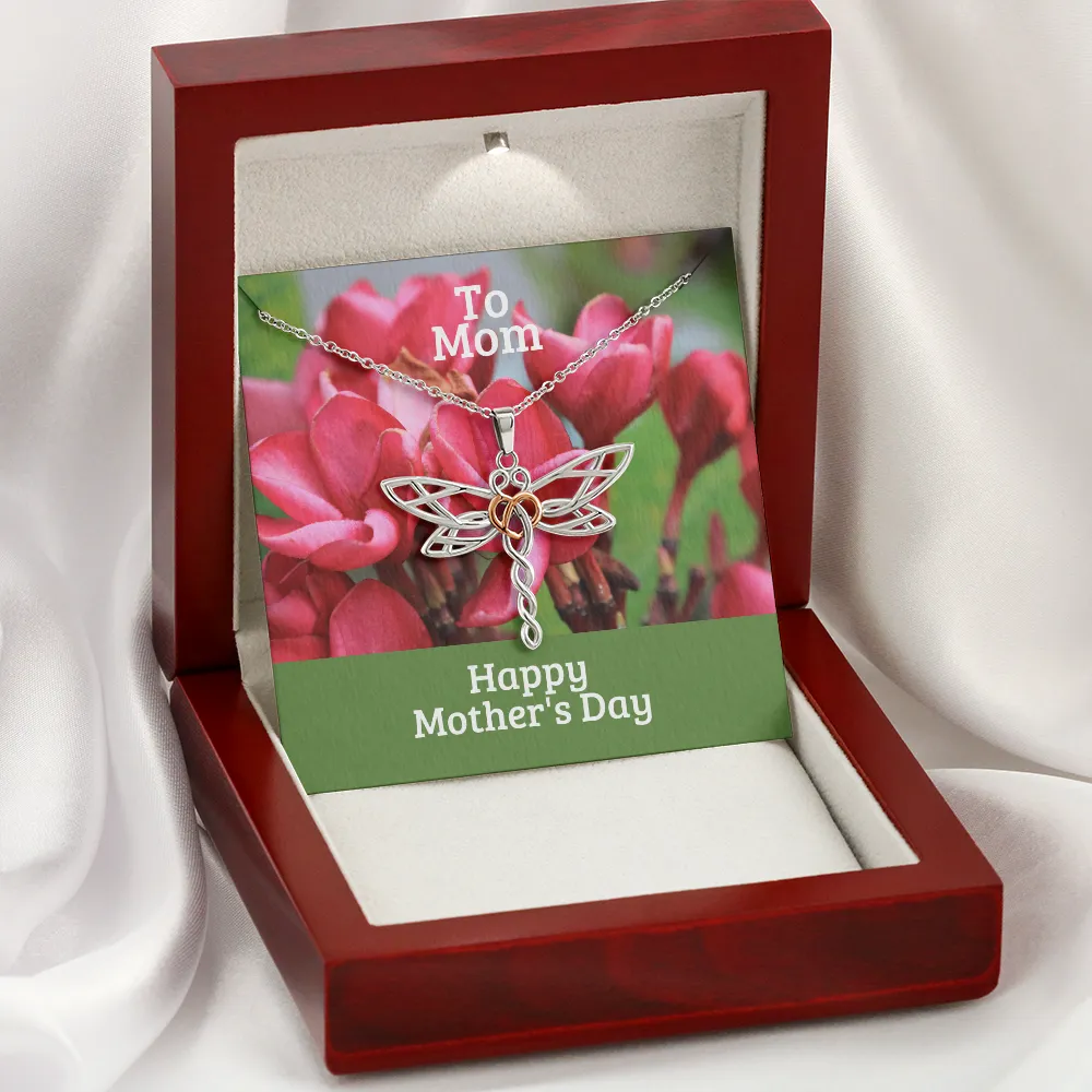 Happy Mother's Day to Mom Red Flowers Dragonfly Necklace