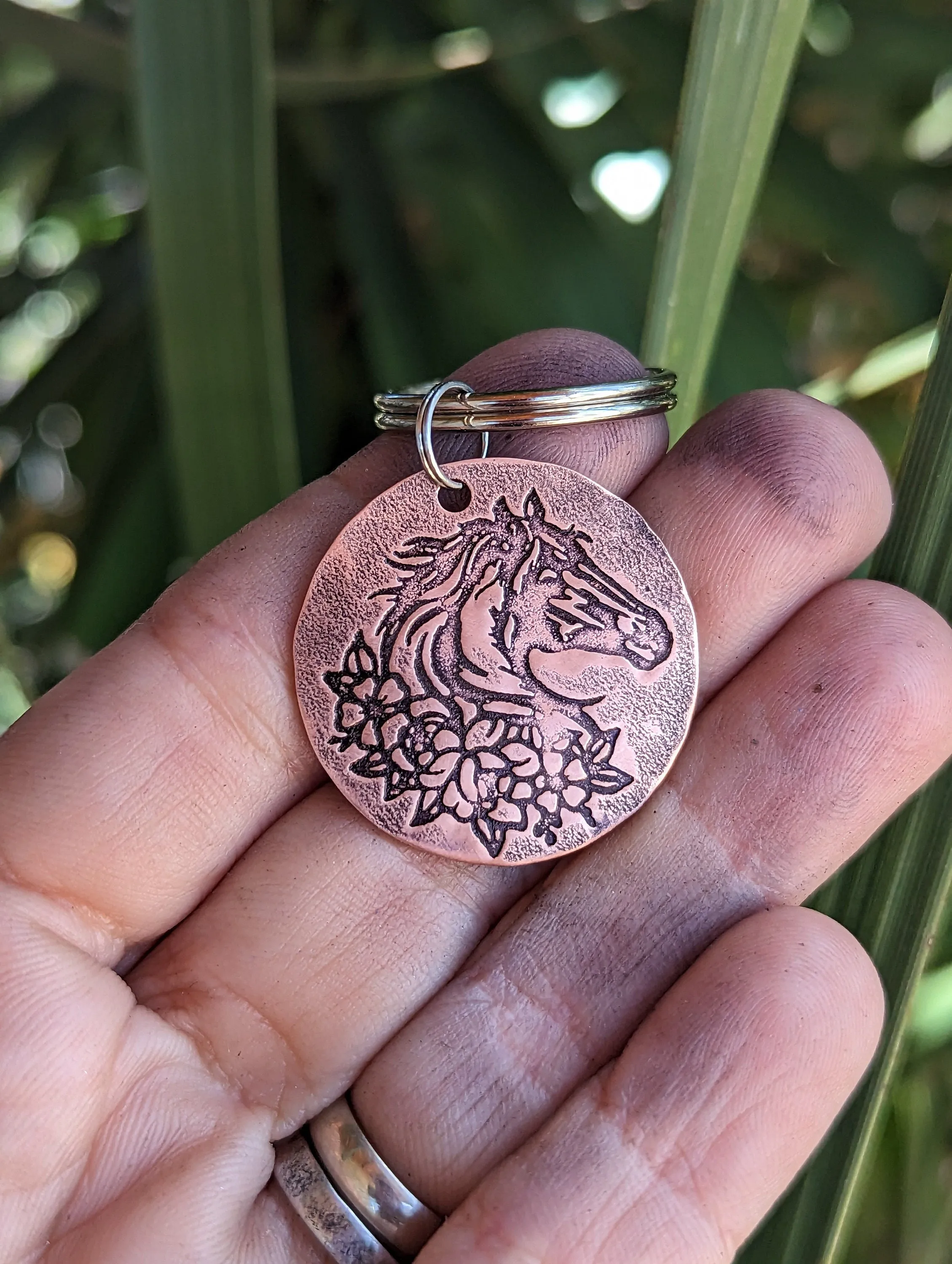 Horse and flowers on a copper key ring