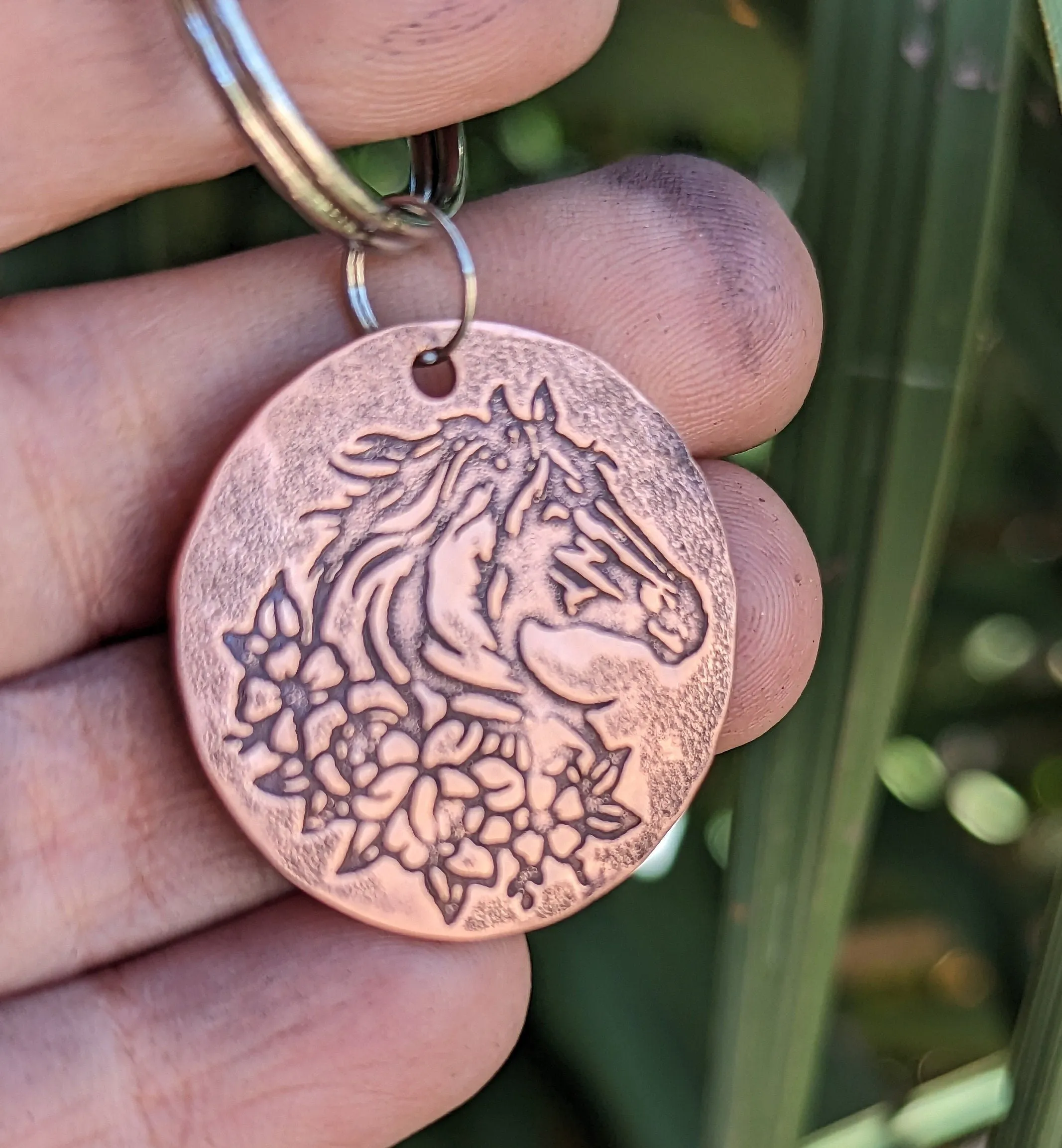 Horse and flowers on a copper key ring