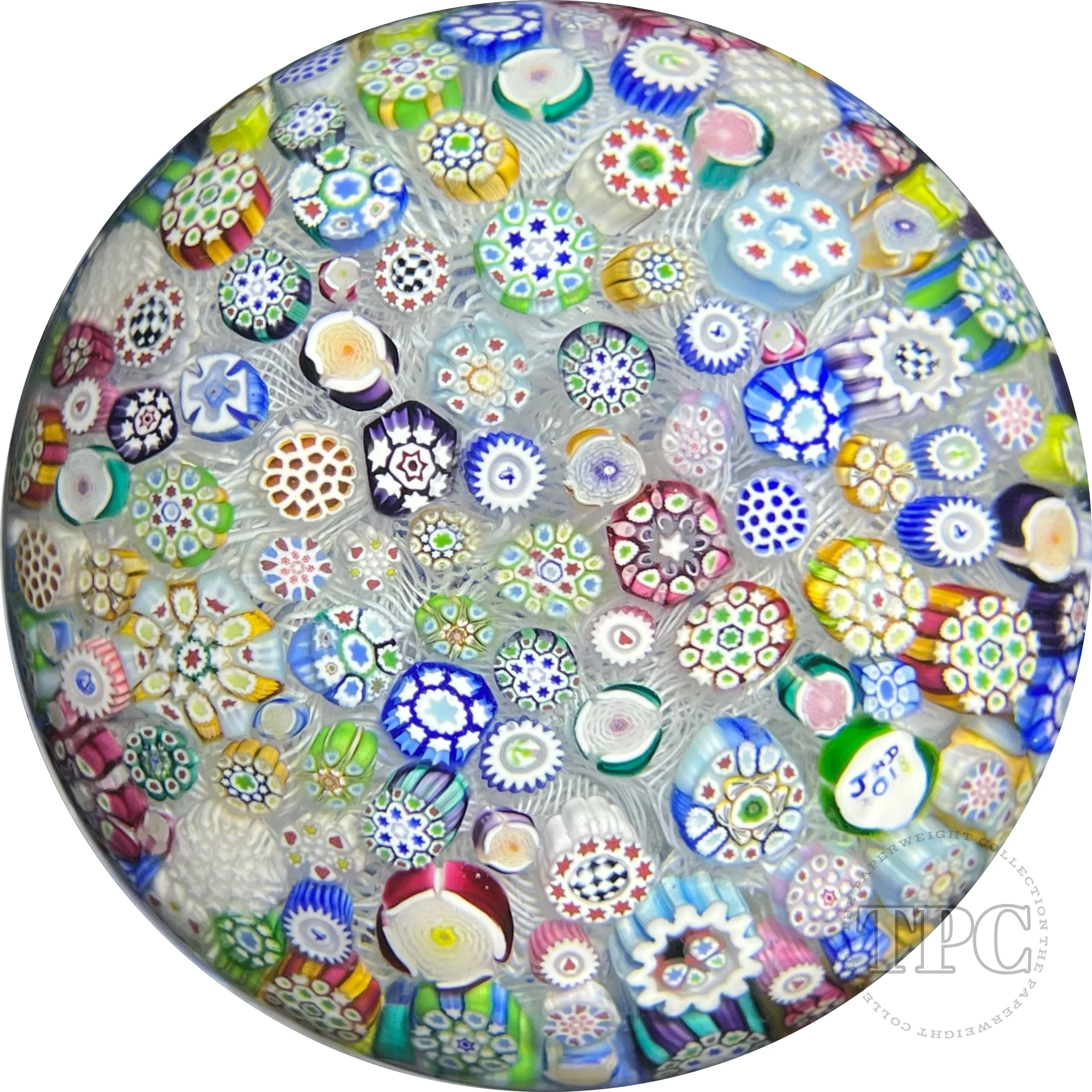John Deacons 2018 Glass Art Paperweight Complex Closepack Millefiori Piedouche With Roses and Silhouettes