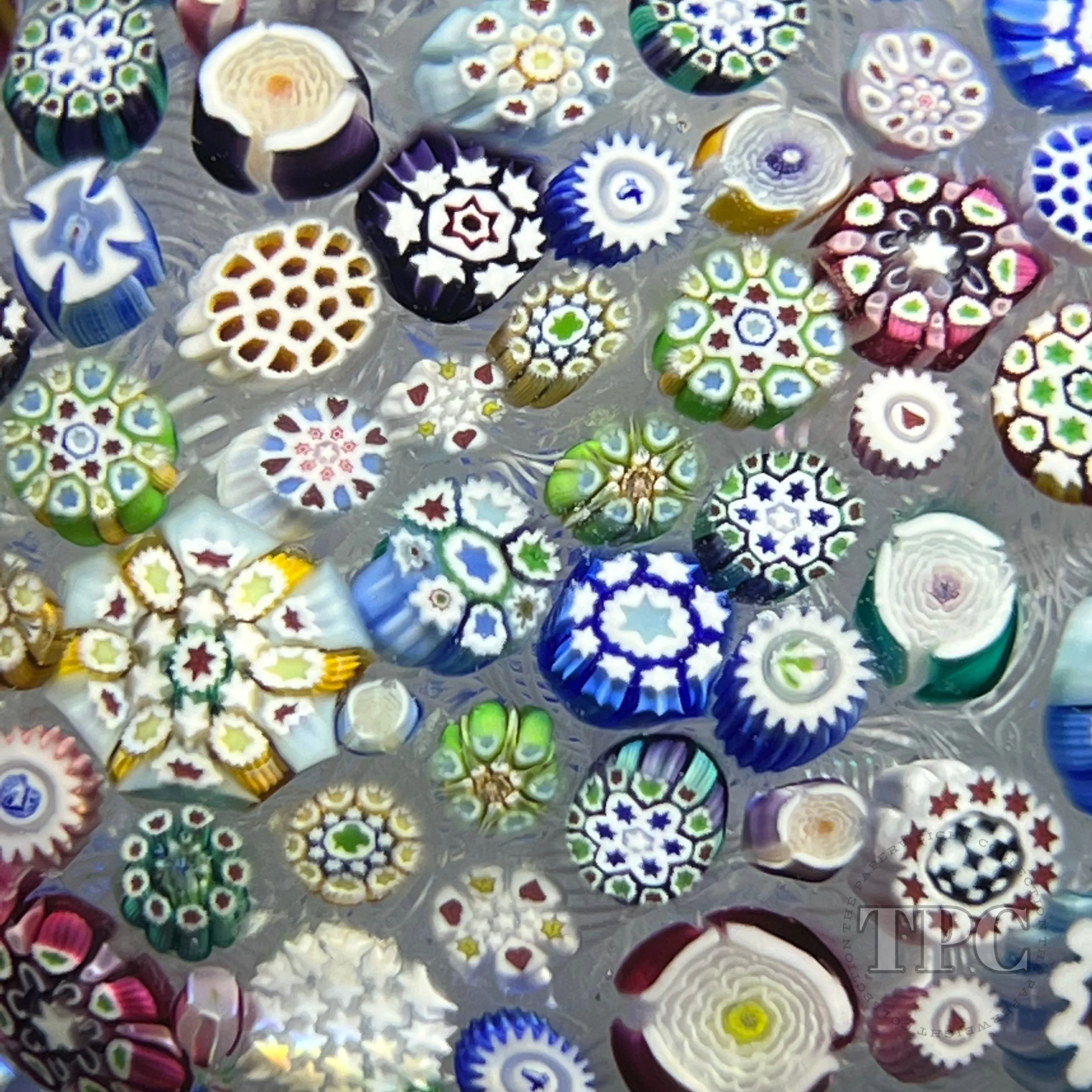 John Deacons 2018 Glass Art Paperweight Complex Closepack Millefiori Piedouche With Roses and Silhouettes