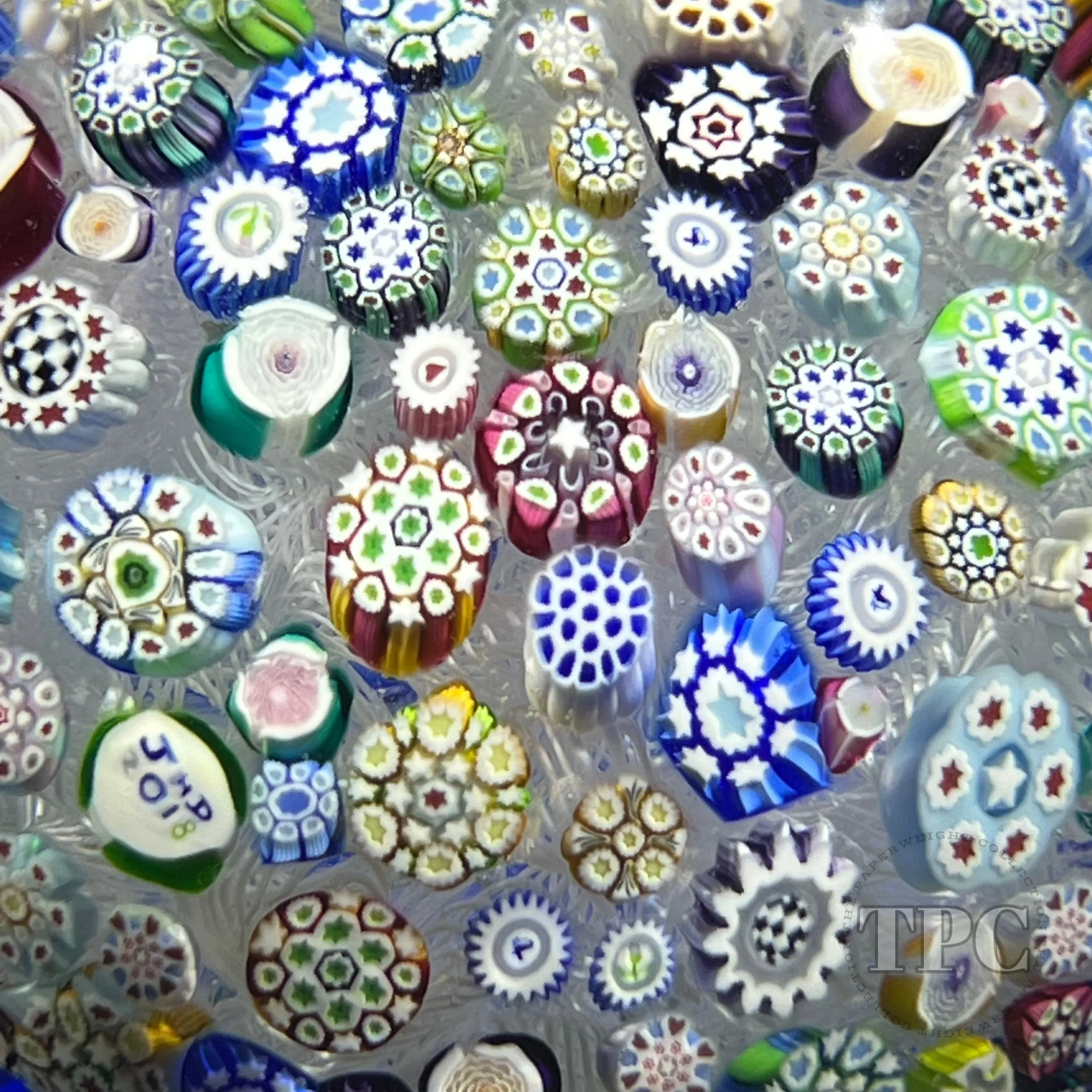 John Deacons 2018 Glass Art Paperweight Complex Closepack Millefiori Piedouche With Roses and Silhouettes