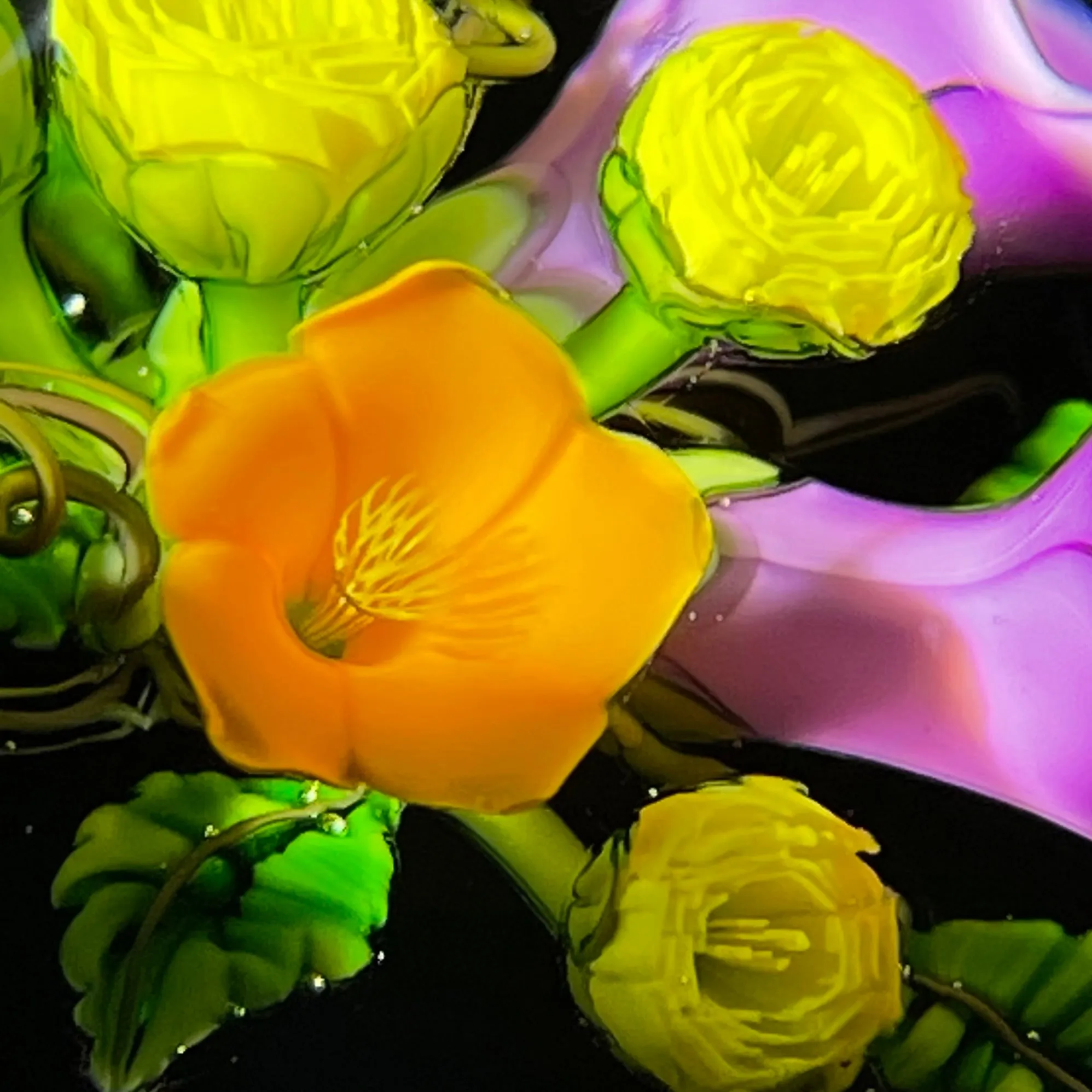 Ken Rosenfeld 2019 Flamework Morning Glory Bouquet on Black Ground
