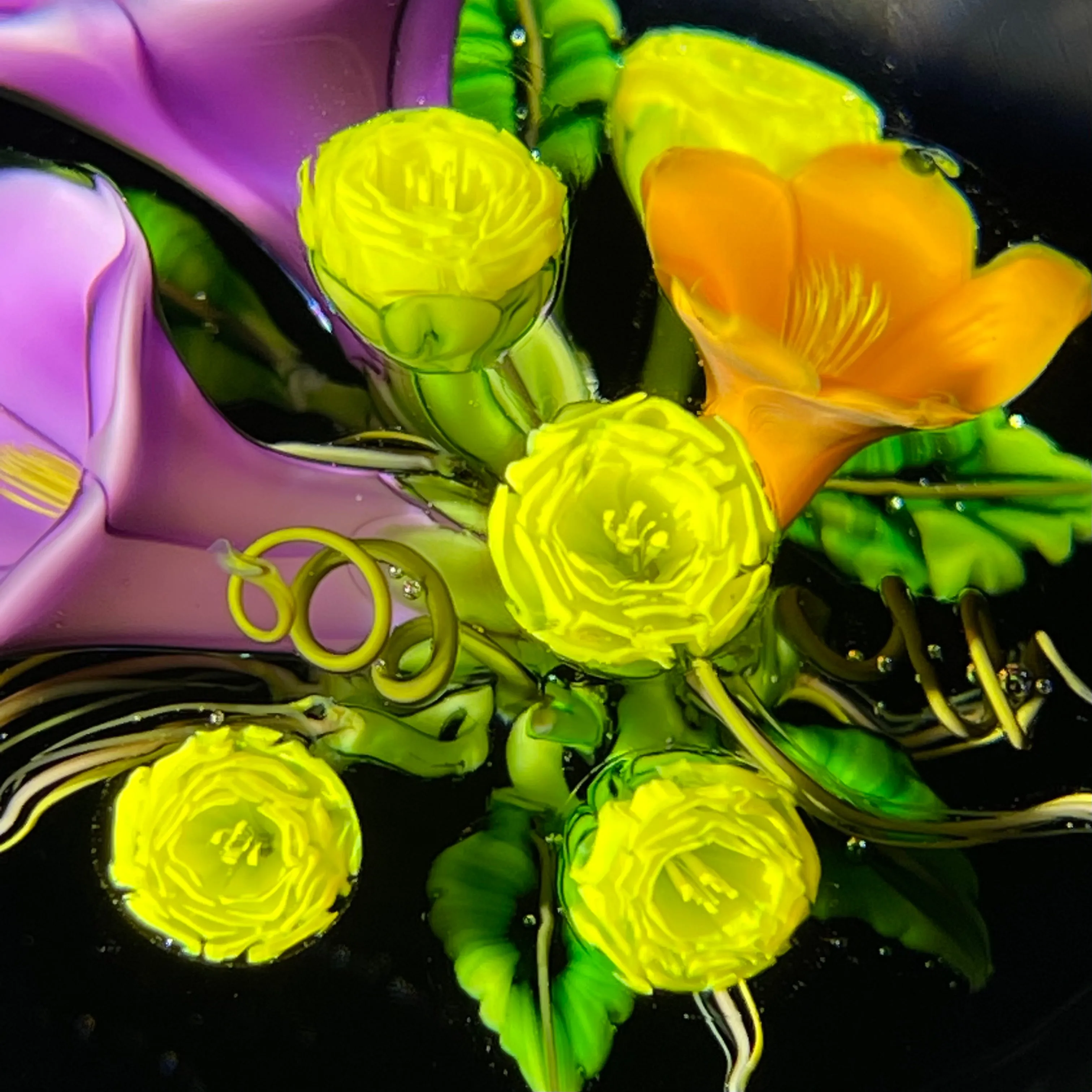 Ken Rosenfeld 2019 Flamework Morning Glory Bouquet on Black Ground