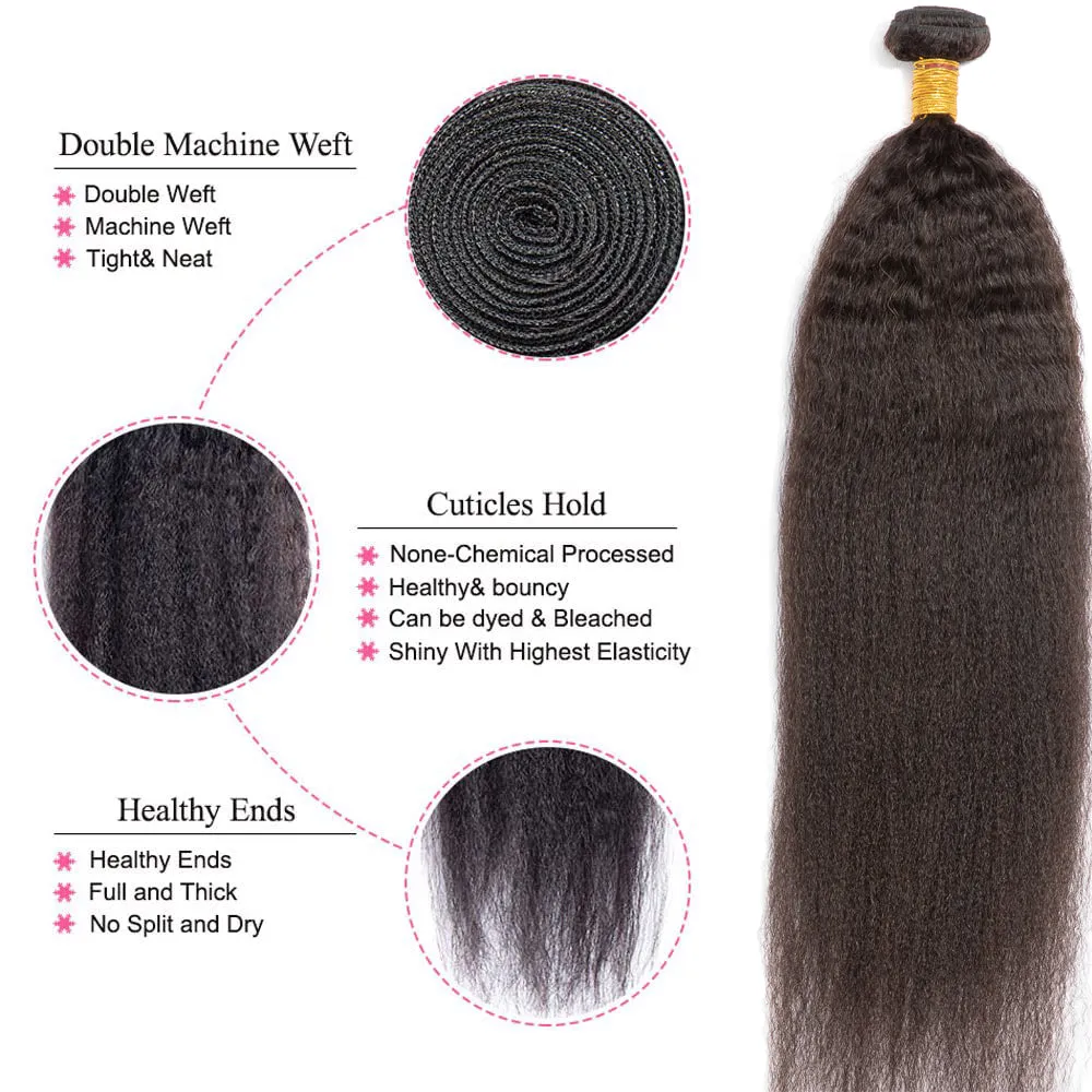 Kinky Straight Hair 4 Bundles with 4x4 Lace Closure 100% Real Human Hair Extensions