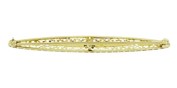 Krementz Art Deco Filigree Diamond Antique Engraved Bar Brooch in Mixed Metal 14K Yellow Gold and Platinum